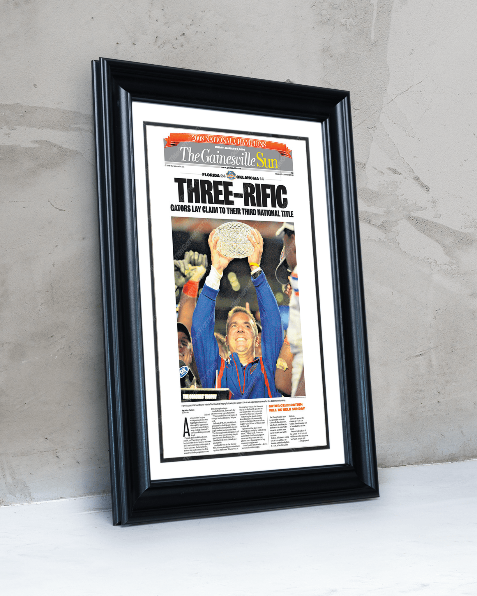 2008 Florida Gators College Football National Champions 'THREERIFIC' Framed Newspaper - TitleGameFrames.com