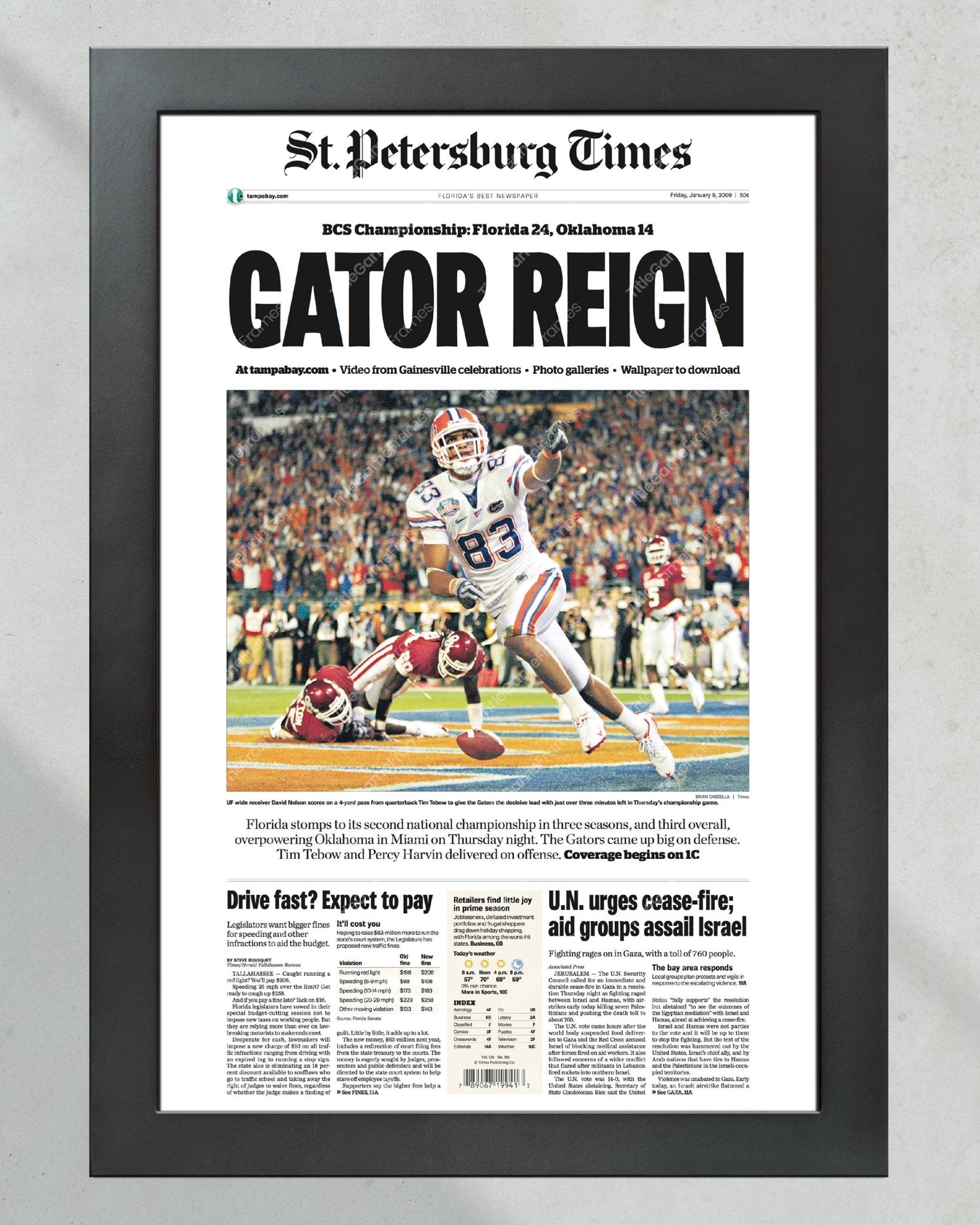 2008 Florida Gators NCAA College Football National Champions Framed Front Page Newspaper Print - TitleGameFrames.com