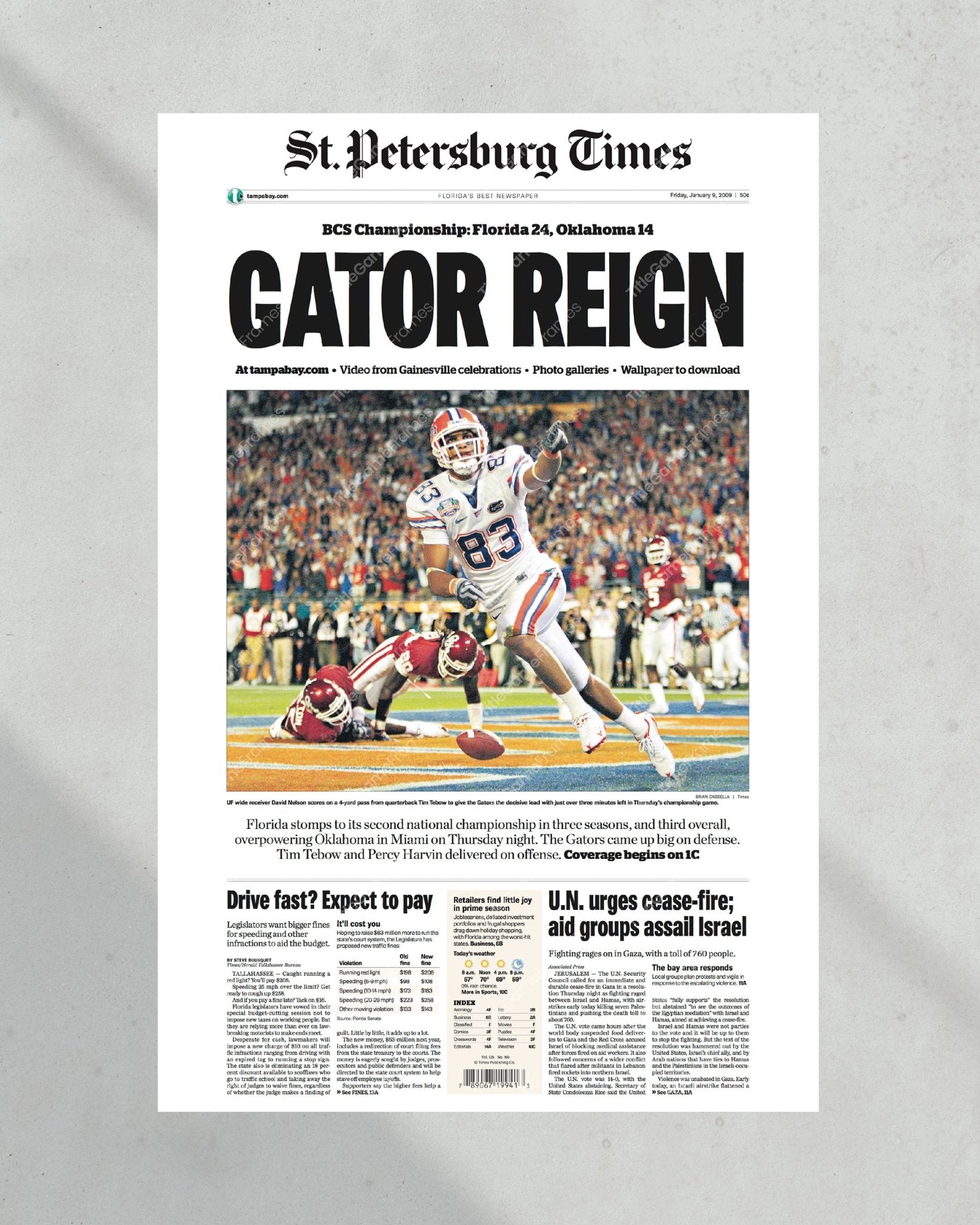 2008 Florida Gators NCAA College Football National Champions Framed Front Page Newspaper Print - TitleGameFrames.com