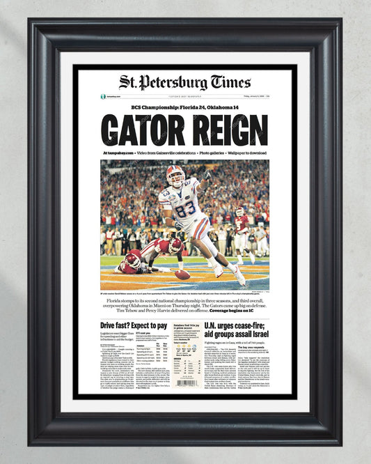 2008 Florida Gators NCAA College Football National Champions Framed Front Page Newspaper Print - TitleGameFrames.com