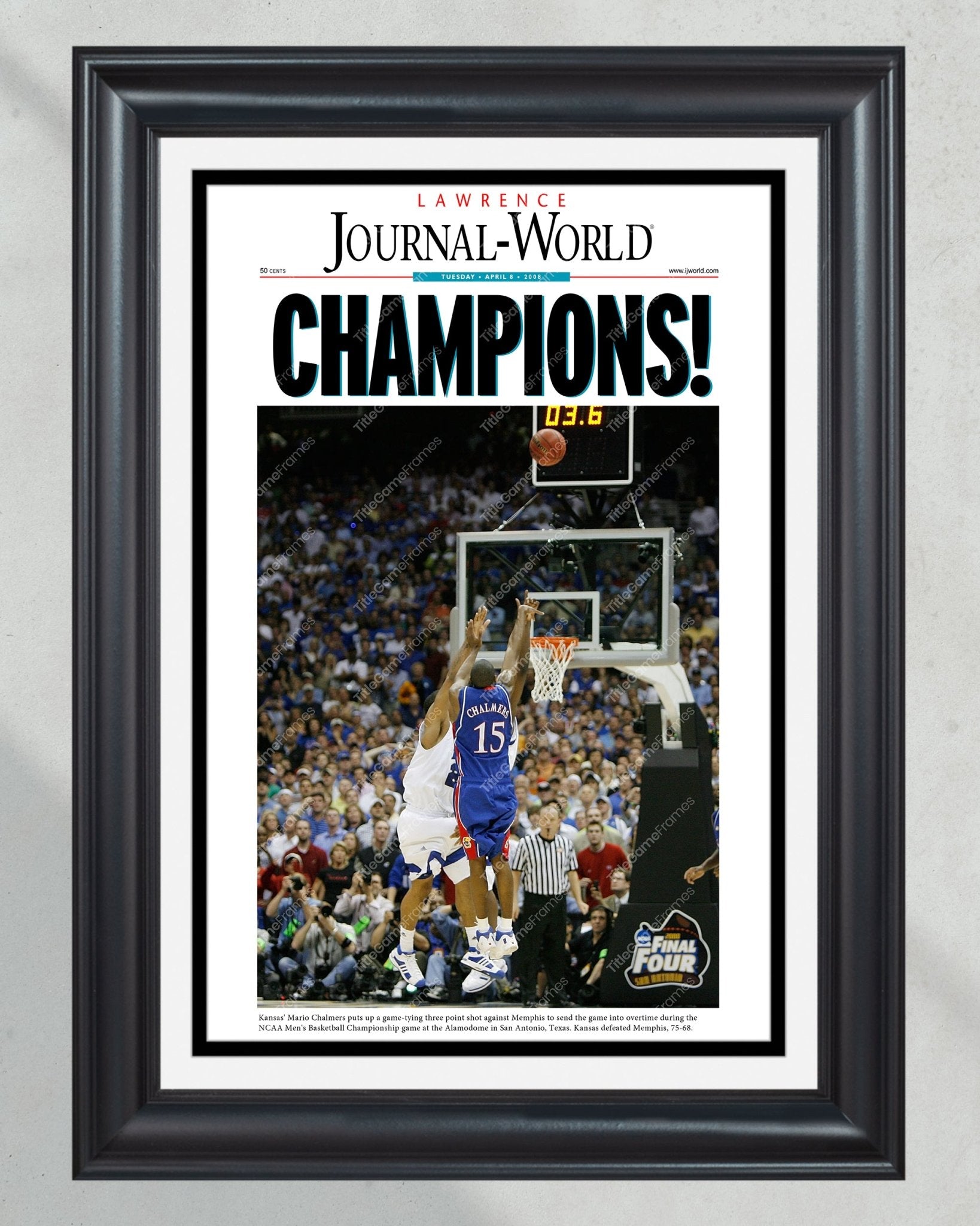 2008 Kansas Jayhawks NCAA College Basketball Champions Framed Front Page Newspaper Print Mario Chalmers - TitleGameFrames.com