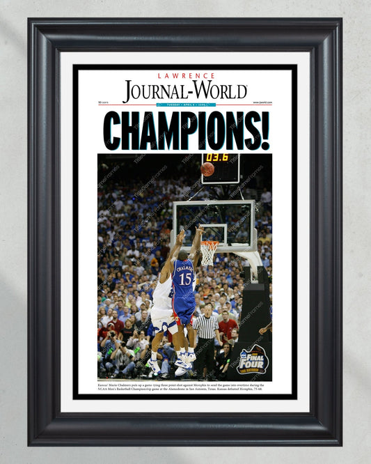 2008 Kansas Jayhawks NCAA College Basketball Champions Framed Front Page Newspaper Print Mario Chalmers - TitleGameFrames.com