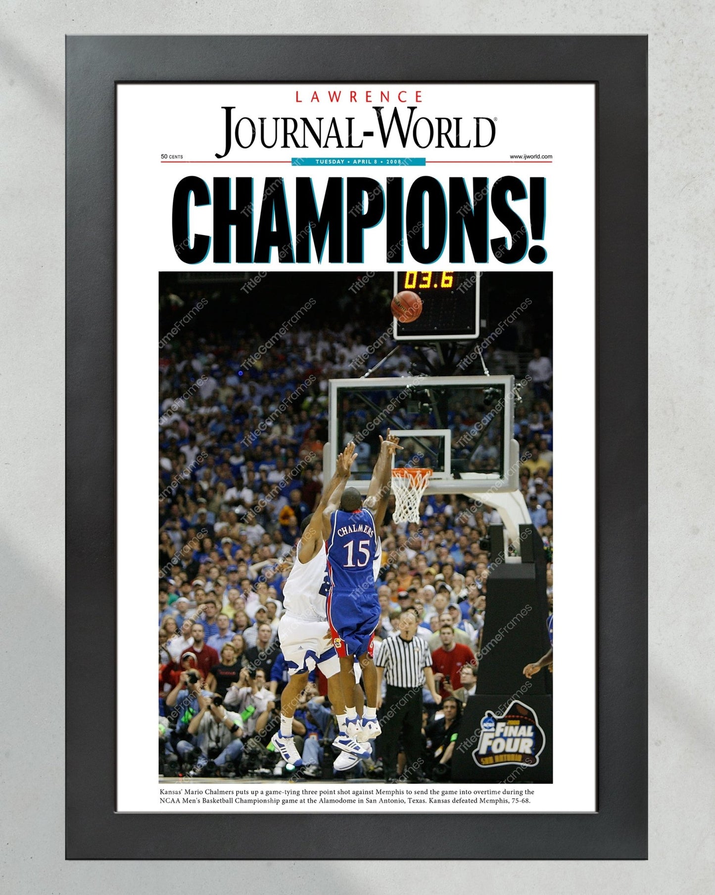 2008 Kansas Jayhawks NCAA College Basketball Champions Framed Front Page Newspaper Print Mario Chalmers - TitleGameFrames.com