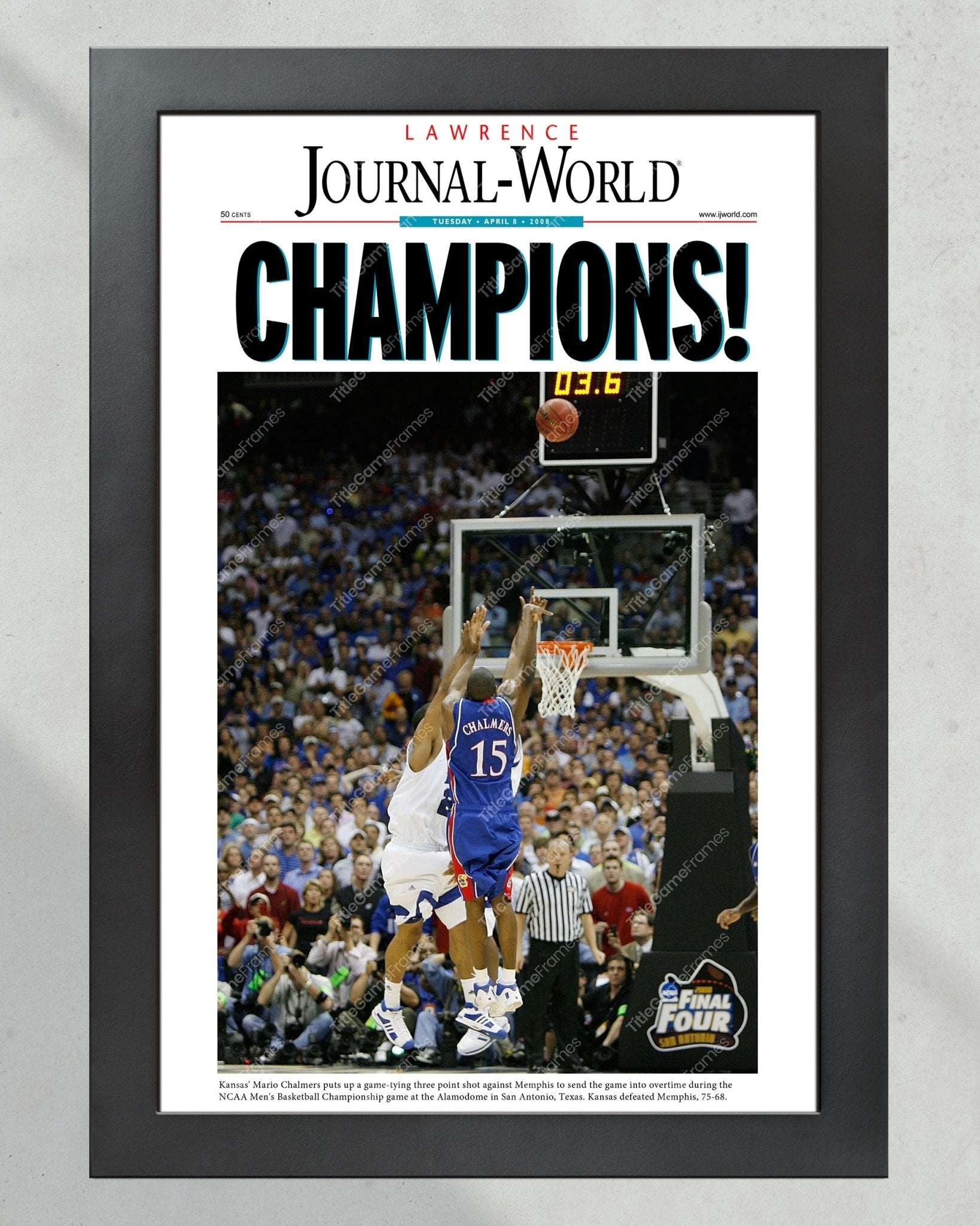 2008 Kansas Jayhawks NCAA College Basketball Champions Framed Front Page Newspaper Print Mario Chalmers - TitleGameFrames.com