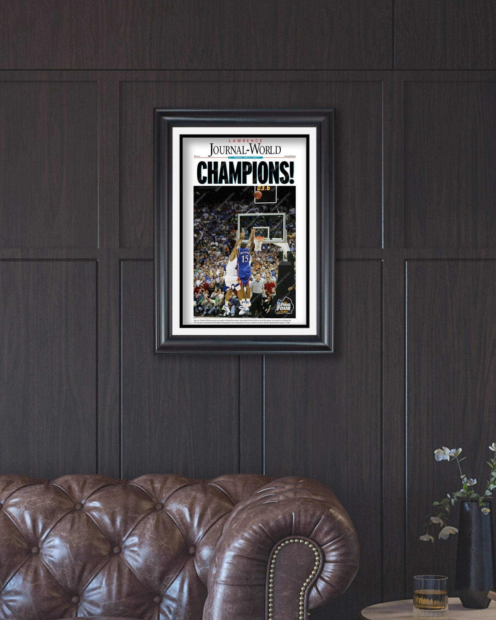 2008 Kansas Jayhawks NCAA College Basketball Champions Framed Front Page Newspaper Print Mario Chalmers - TitleGameFrames.com
