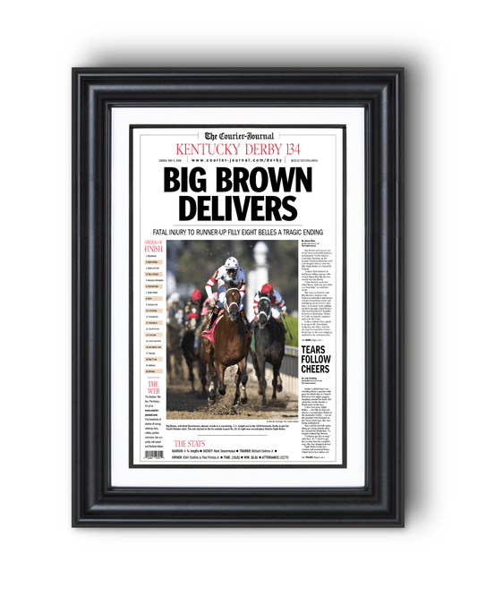 2008 Kentucky Derby "BIG BROWN DELIVERS" Winner Framed Front Page Newspaper - TitleGameFrames.com