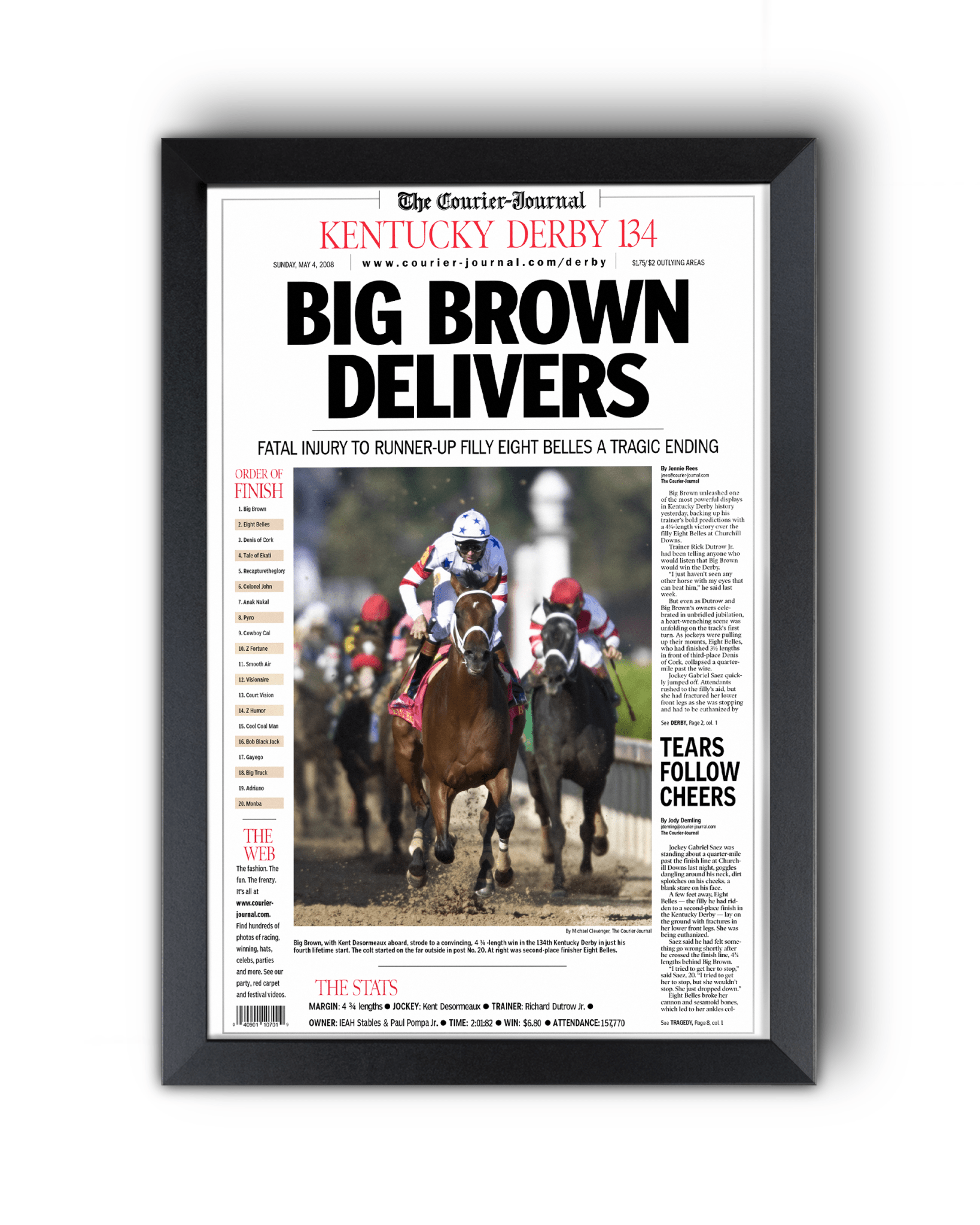2008 Kentucky Derby "BIG BROWN DELIVERS" Winner Framed Front Page Newspaper - TitleGameFrames.com