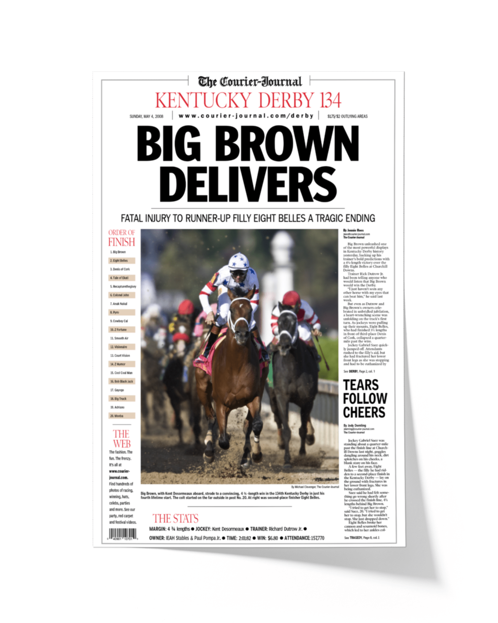 2008 Kentucky Derby "BIG BROWN DELIVERS" Winner Framed Front Page Newspaper - TitleGameFrames.com