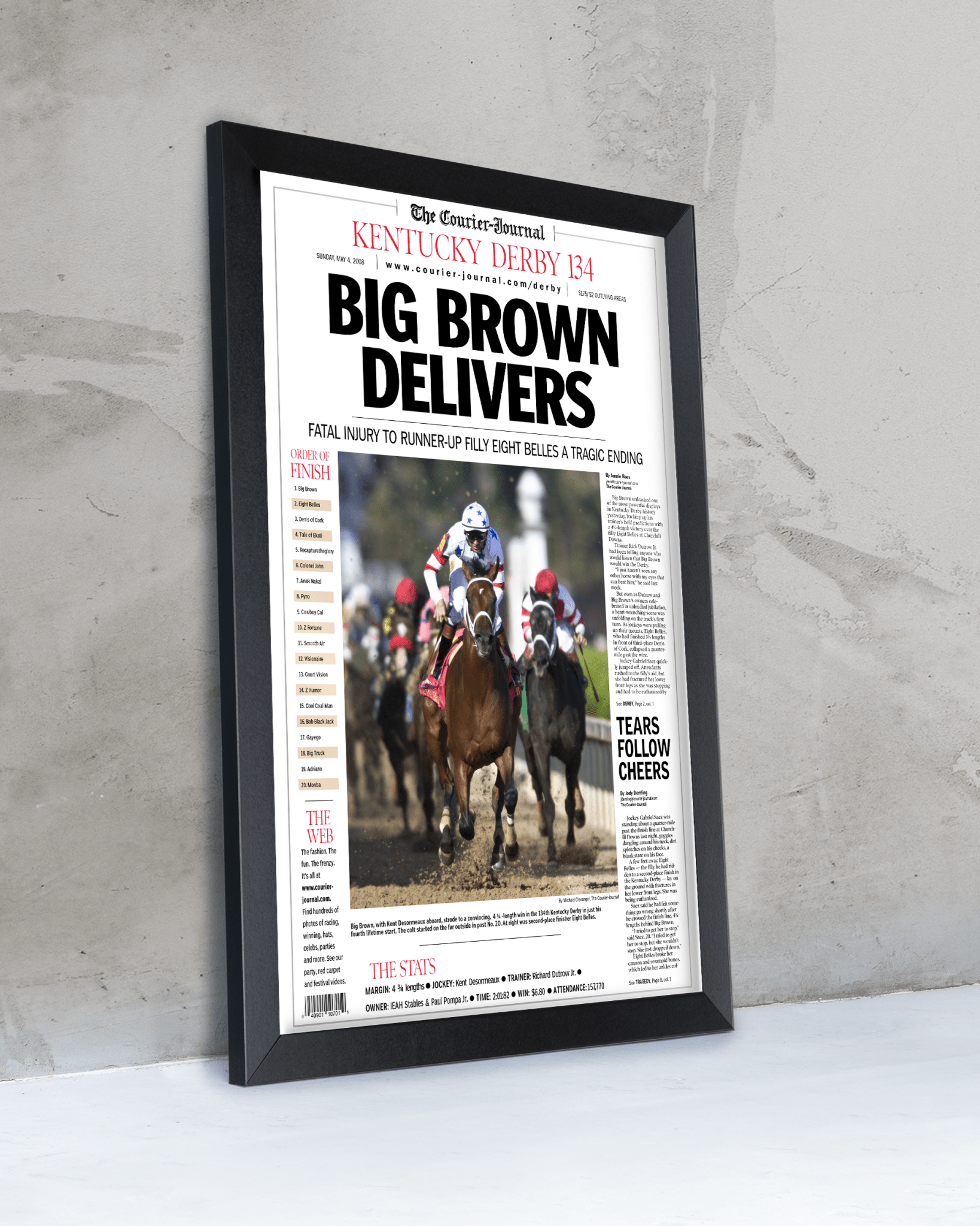 2008 Kentucky Derby "BIG BROWN DELIVERS" Winner Framed Front Page Newspaper - TitleGameFrames.com