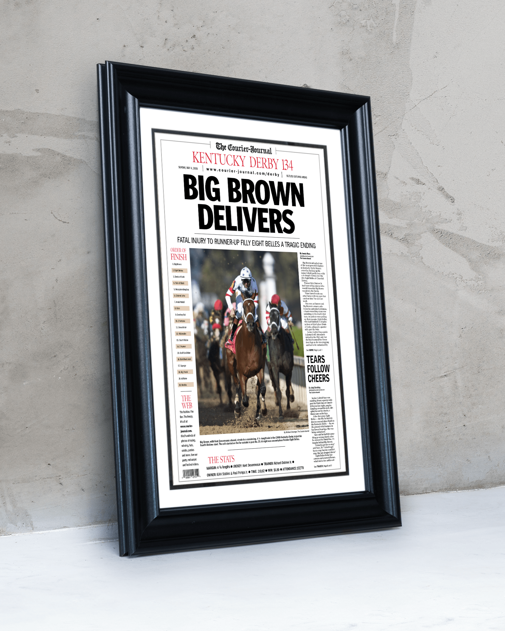 2008 Kentucky Derby "BIG BROWN DELIVERS" Winner Framed Front Page Newspaper - TitleGameFrames.com