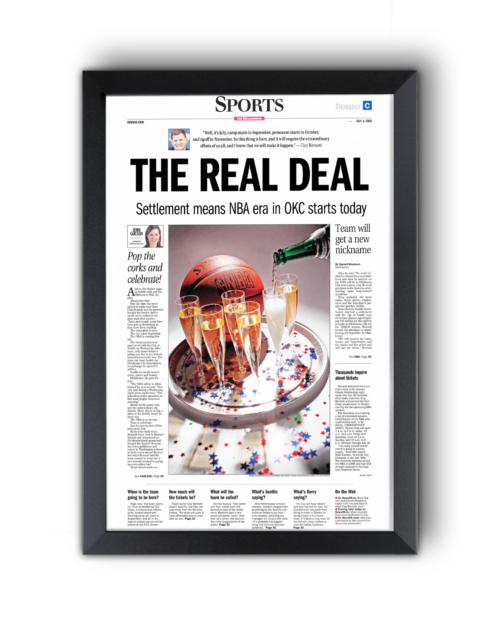 2008 Oklahoma City Thunder NBA Arrival “The Real Deal” – Framed Newspaper - TitleGameFrames.com