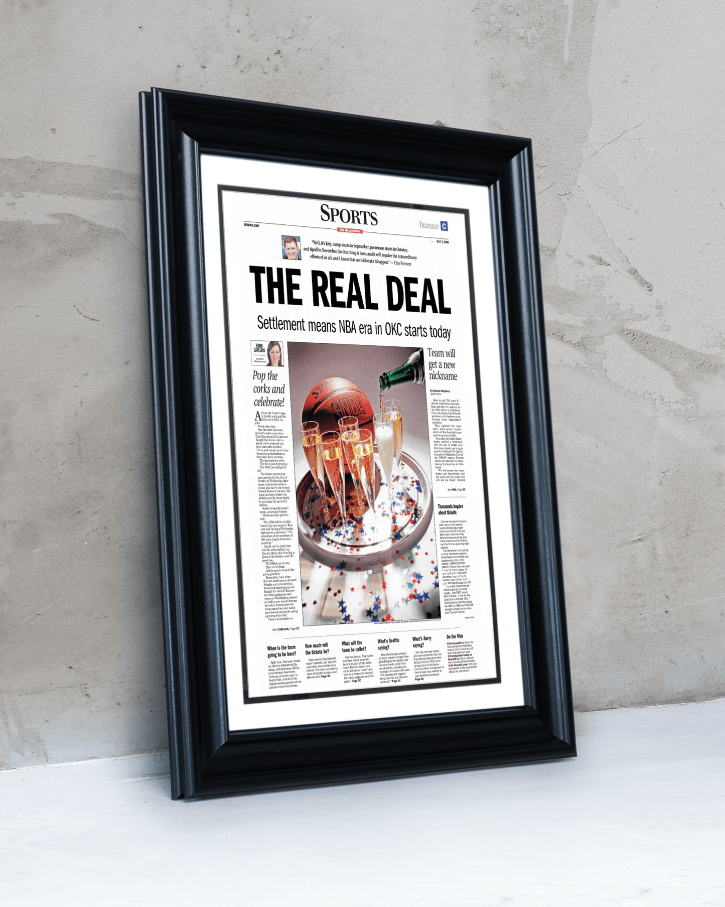 2008 Oklahoma City Thunder NBA Arrival “The Real Deal” – Framed Newspaper - TitleGameFrames.com
