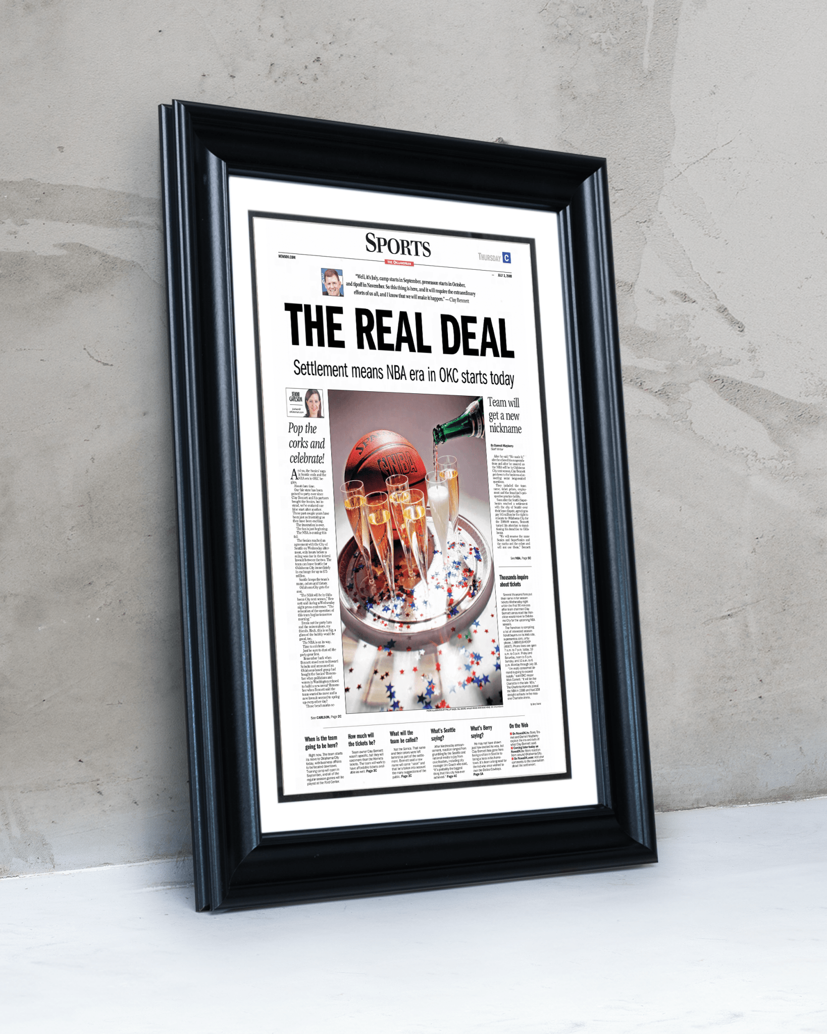 2008 Oklahoma City Thunder NBA Arrival “The Real Deal” – Framed Newspaper - TitleGameFrames.com