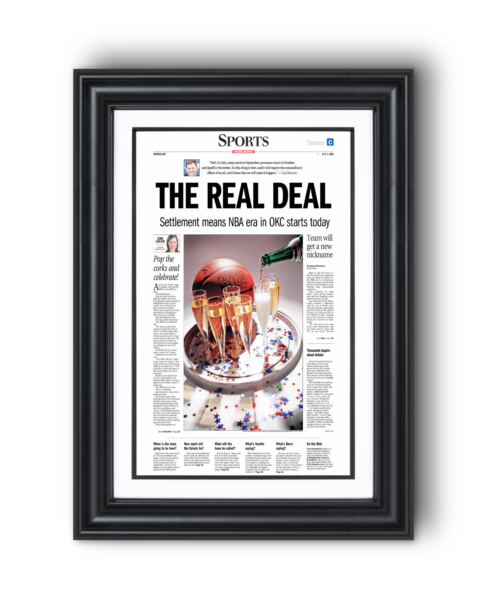 2008 Oklahoma City Thunder NBA Arrival “The Real Deal” – Framed Newspaper - TitleGameFrames.com