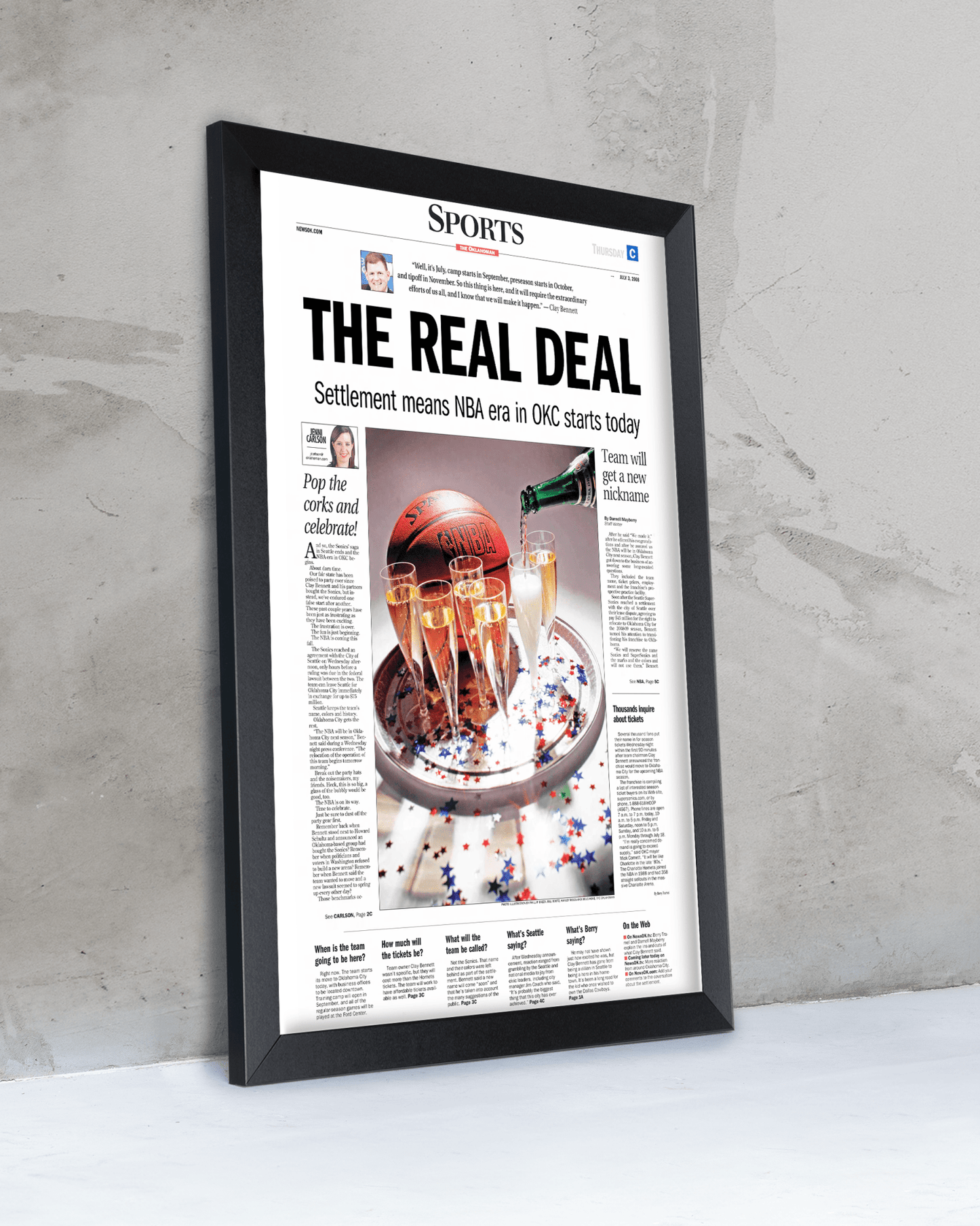 2008 Oklahoma City Thunder NBA Arrival “The Real Deal” – Framed Newspaper - TitleGameFrames.com