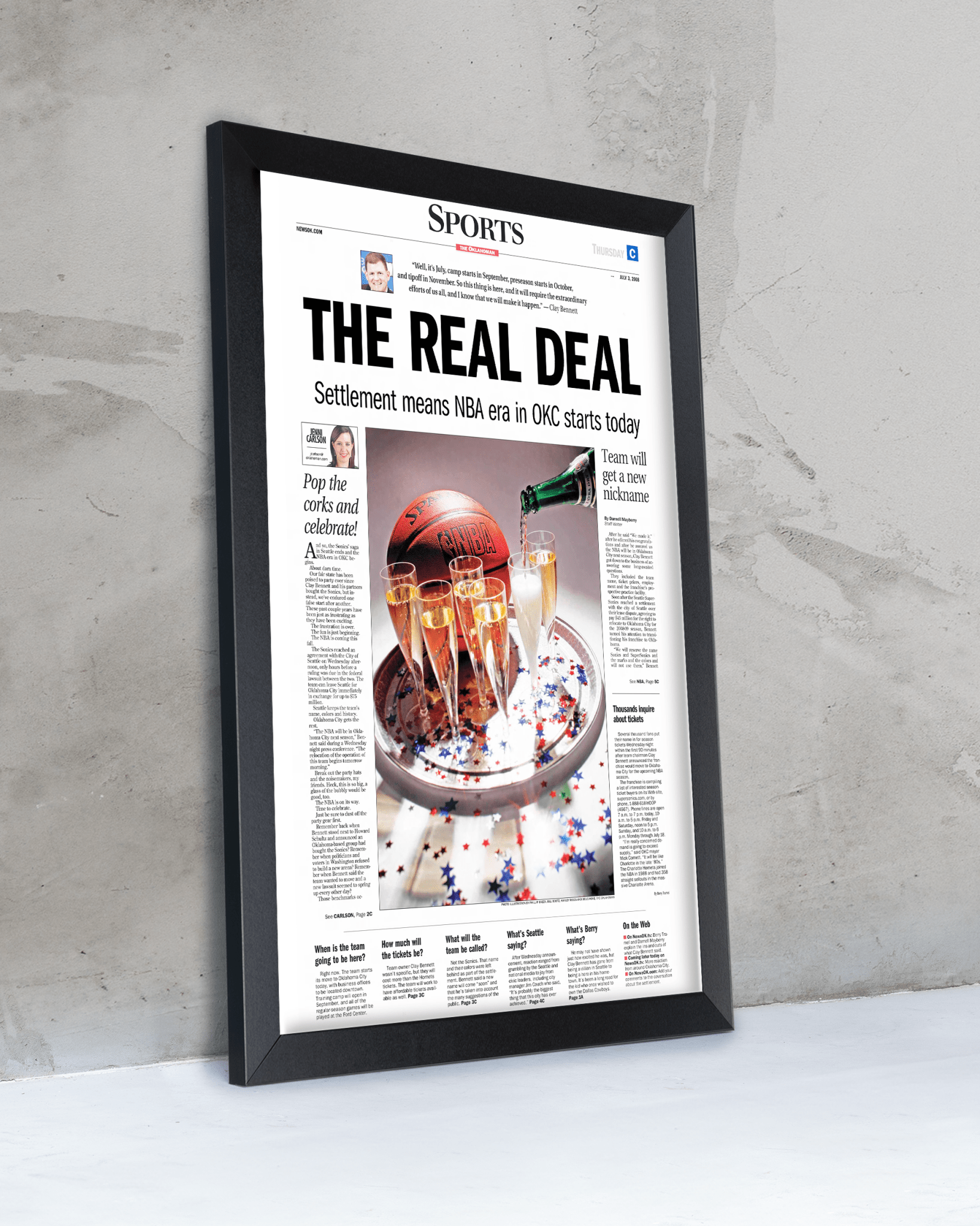 2008 Oklahoma City Thunder NBA Arrival “The Real Deal” – Framed Newspaper - TitleGameFrames.com