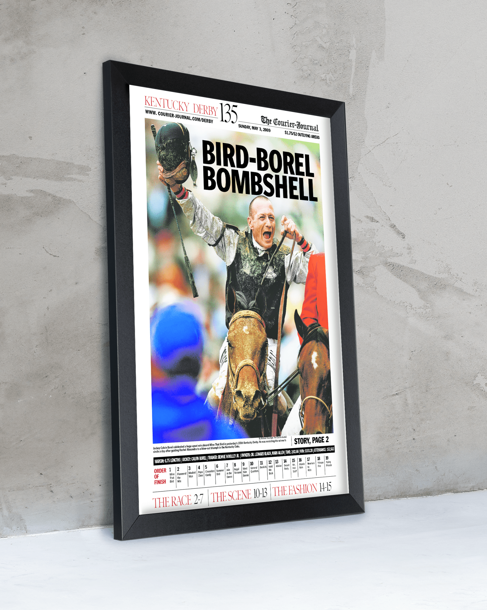 2009 Kentucky Derby "BIRD - BOREL BOMBSHELL" Mine That Bird Winner Framed Newspaper - TitleGameFrames.com