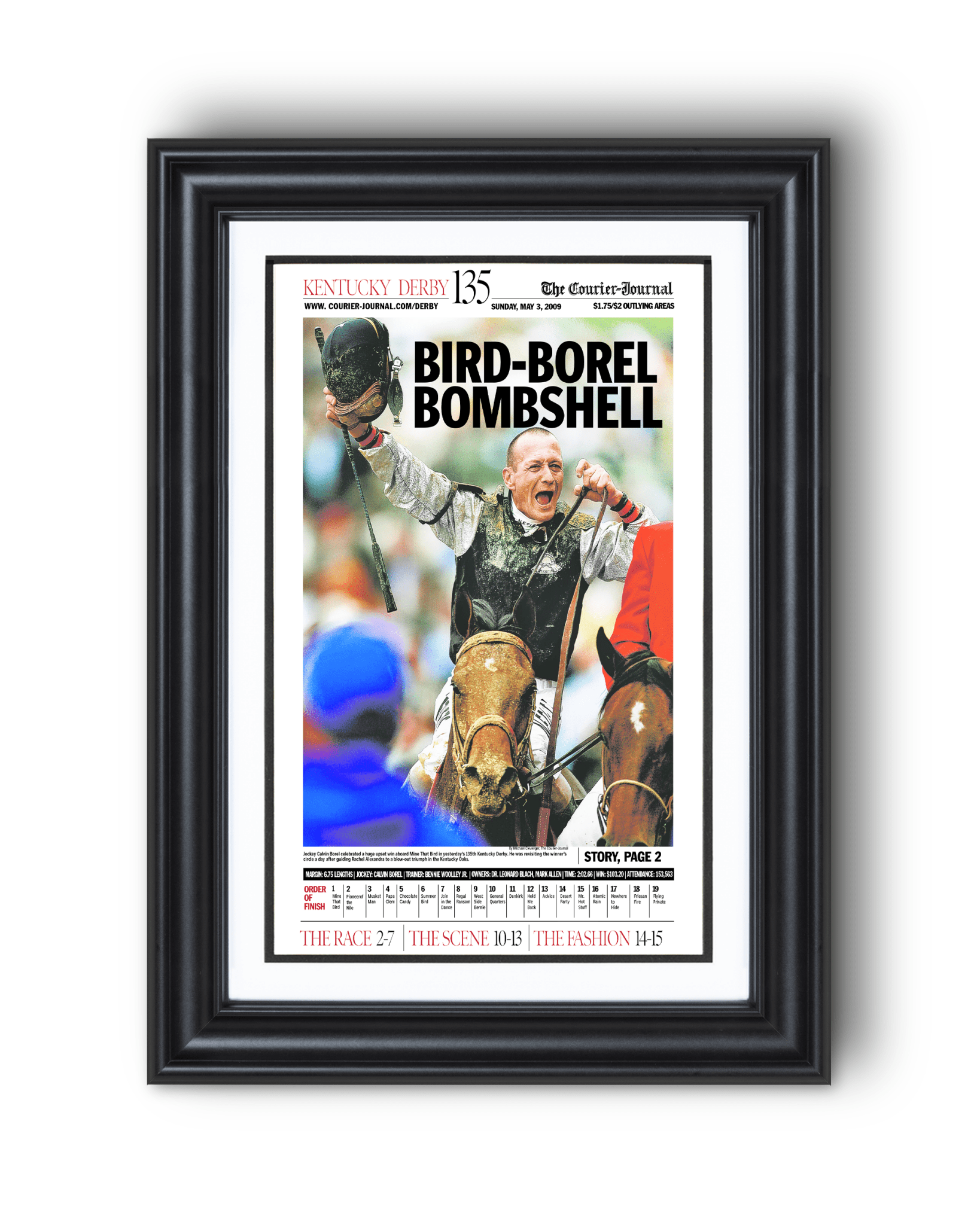 2009 Kentucky Derby "BIRD - BOREL BOMBSHELL" Mine That Bird Winner Framed Newspaper - TitleGameFrames.com