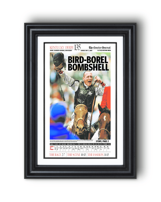 2009 Kentucky Derby "BIRD - BOREL BOMBSHELL" Mine That Bird Winner Framed Newspaper - TitleGameFrames.com