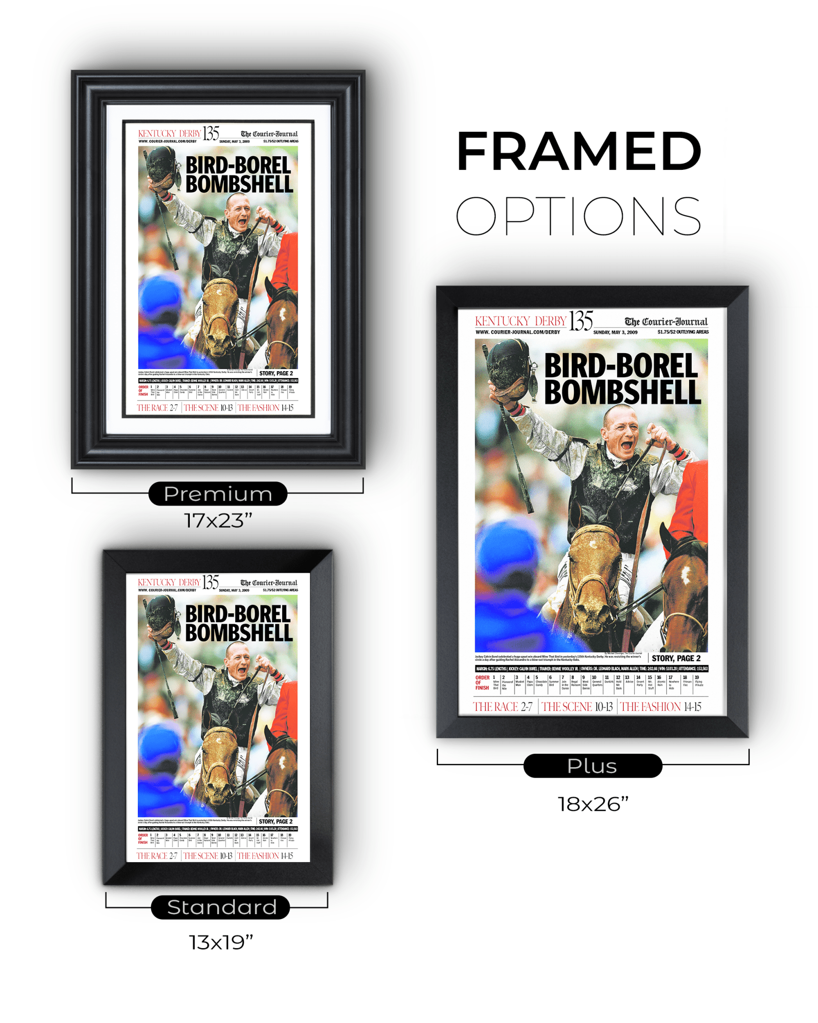 2009 Kentucky Derby "BIRD - BOREL BOMBSHELL" Mine That Bird Winner Framed Newspaper - TitleGameFrames.com