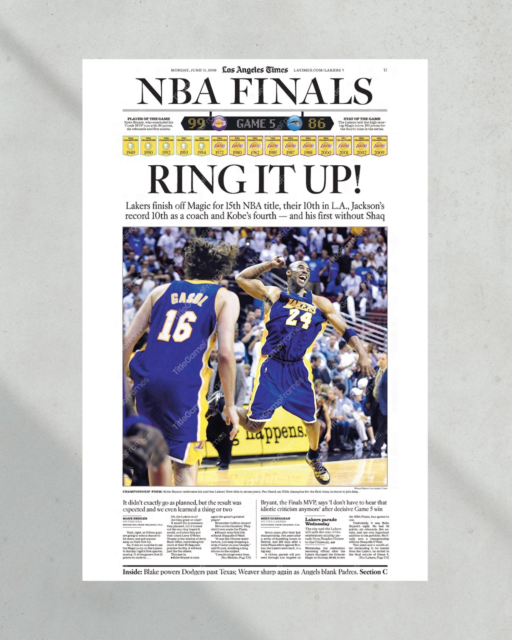 2009 LA Lakers NBA Champions Framed Newspaper Front Page Print Kobe Bryant Staples Center - Title Game Frames