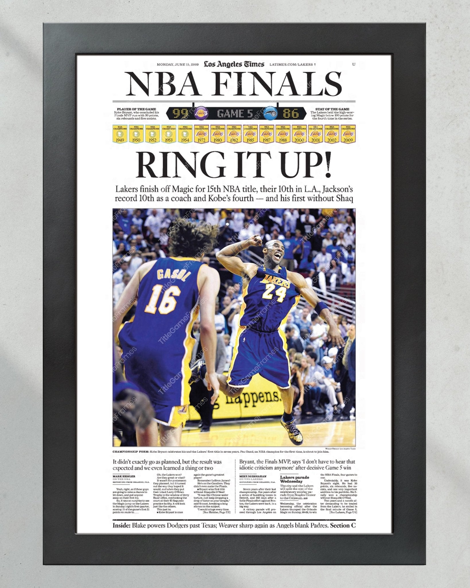 2009 LA Lakers NBA Champions Framed Newspaper Front Page Print Kobe Bryant Staples Center - Title Game Frames