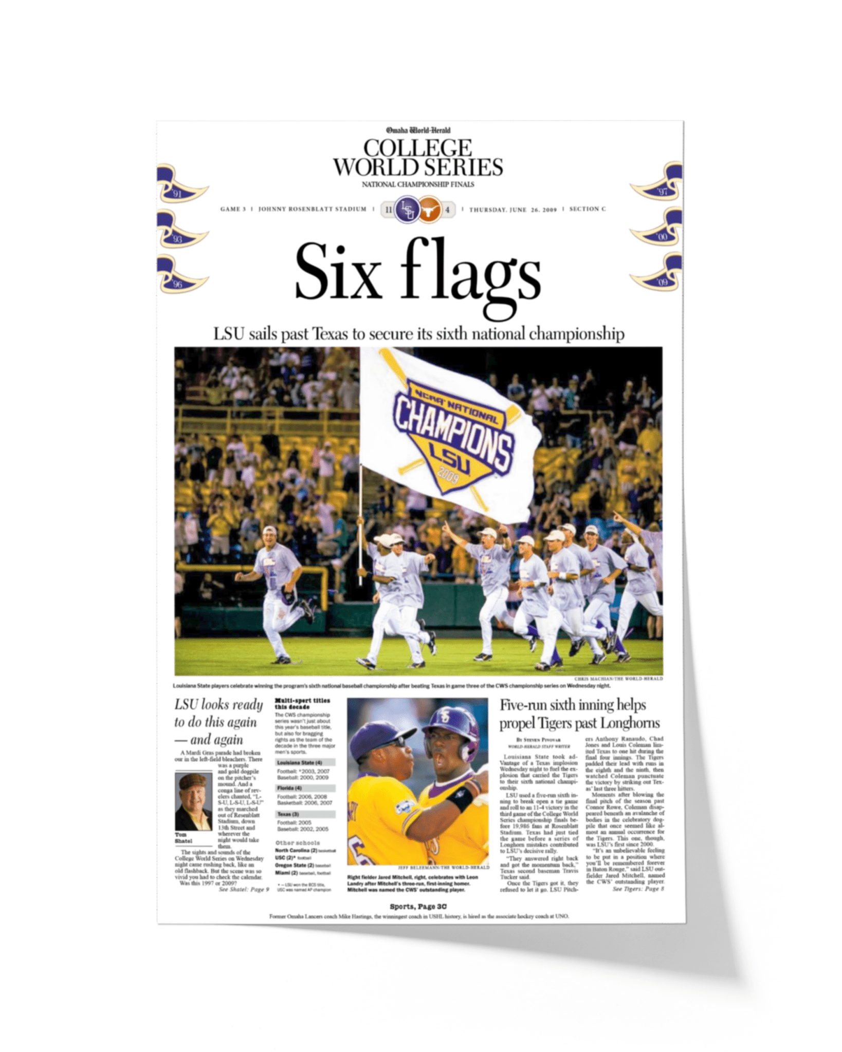 2009 LSU Tigers “Six Flags” College World Series Baseball Champions Front Page Newspaper - TitleGameFrames.com