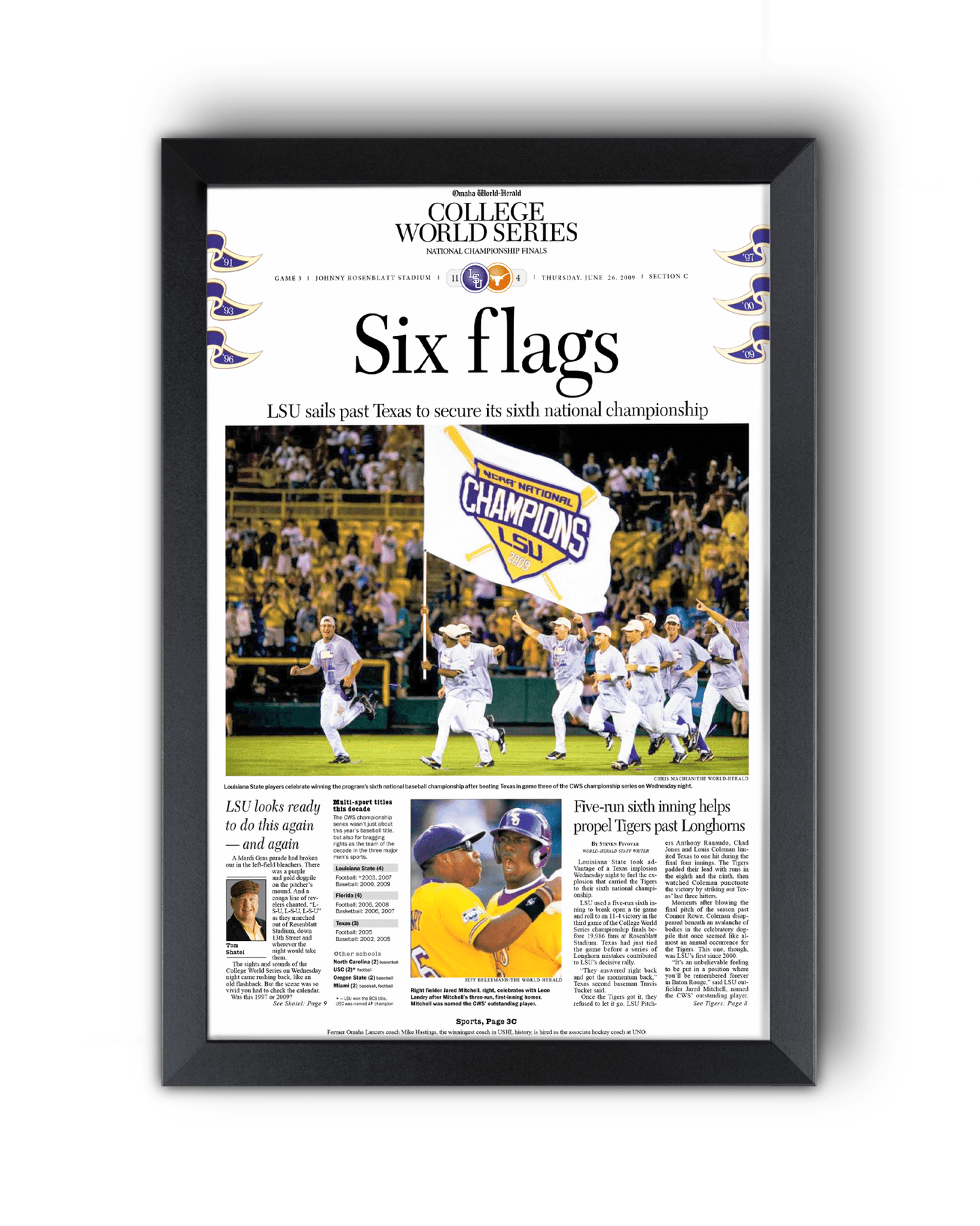 2009 LSU Tigers “Six Flags” College World Series Baseball Champions Front Page Newspaper - TitleGameFrames.com