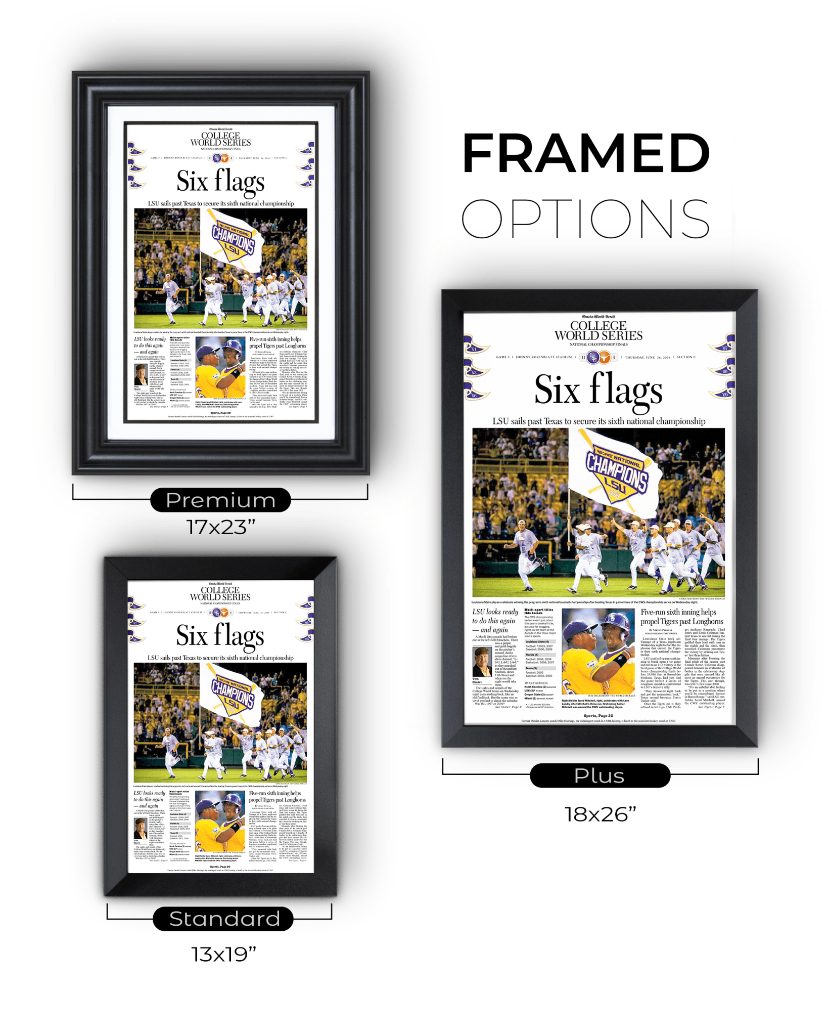 2009 LSU Tigers “Six Flags” College World Series Baseball Champions Front Page Newspaper - TitleGameFrames.com