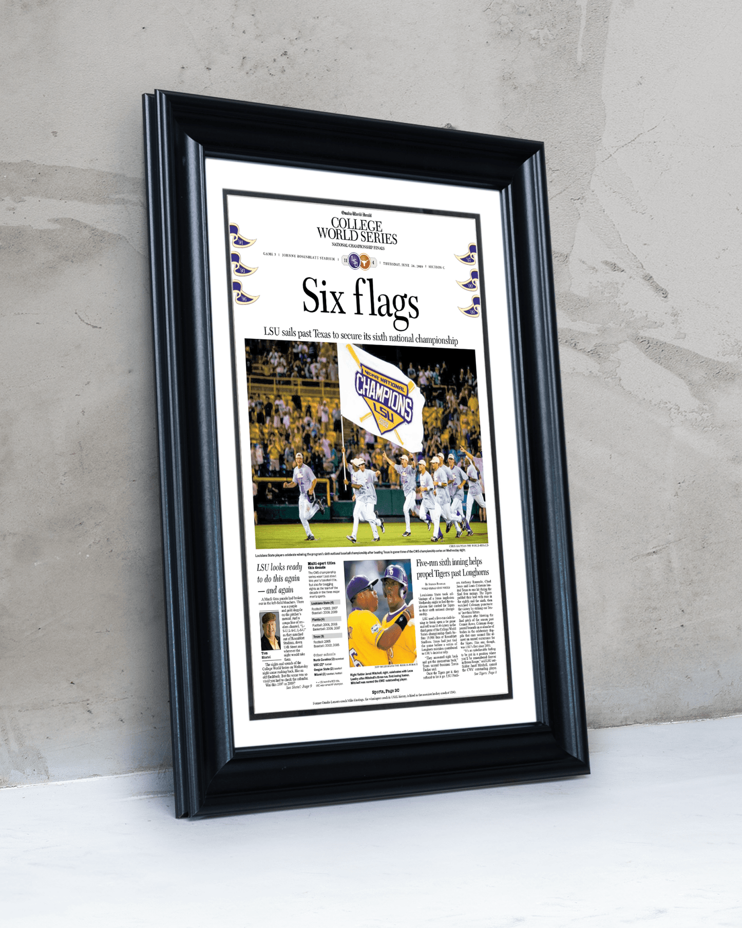 2009 LSU Tigers “Six Flags” College World Series Baseball Champions Front Page Newspaper - TitleGameFrames.com