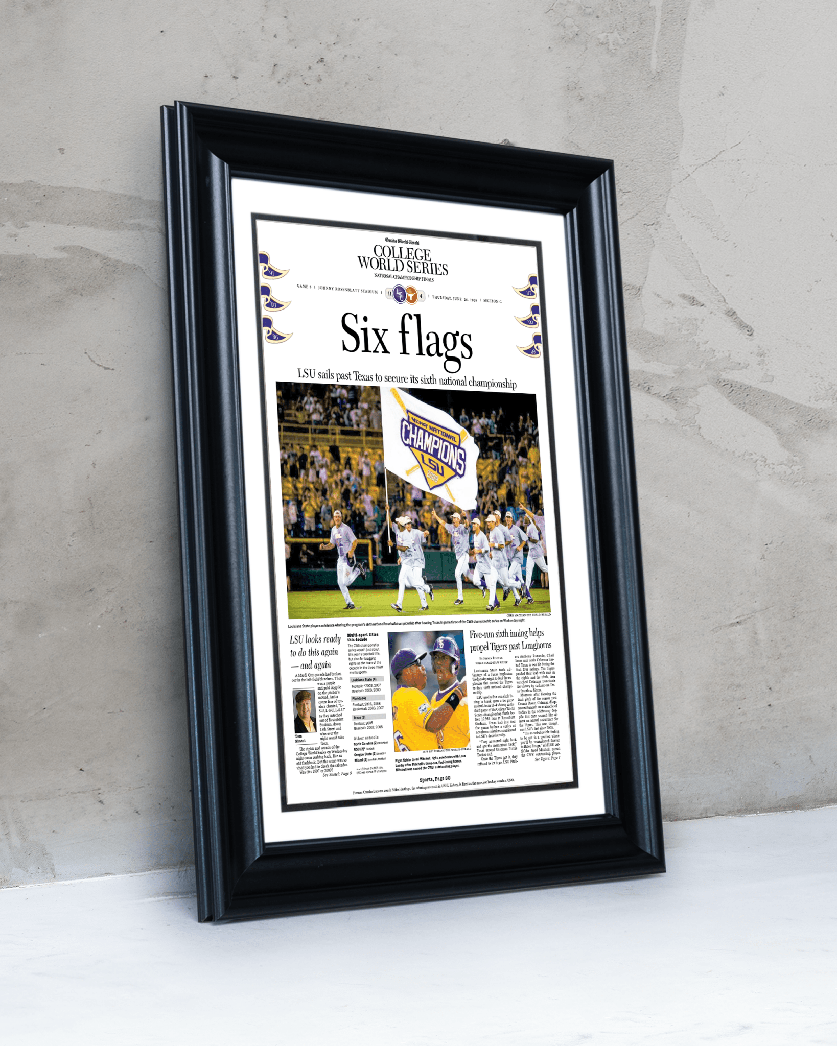 2009 LSU Tigers “Six Flags” College World Series Baseball Champions Front Page Newspaper - TitleGameFrames.com