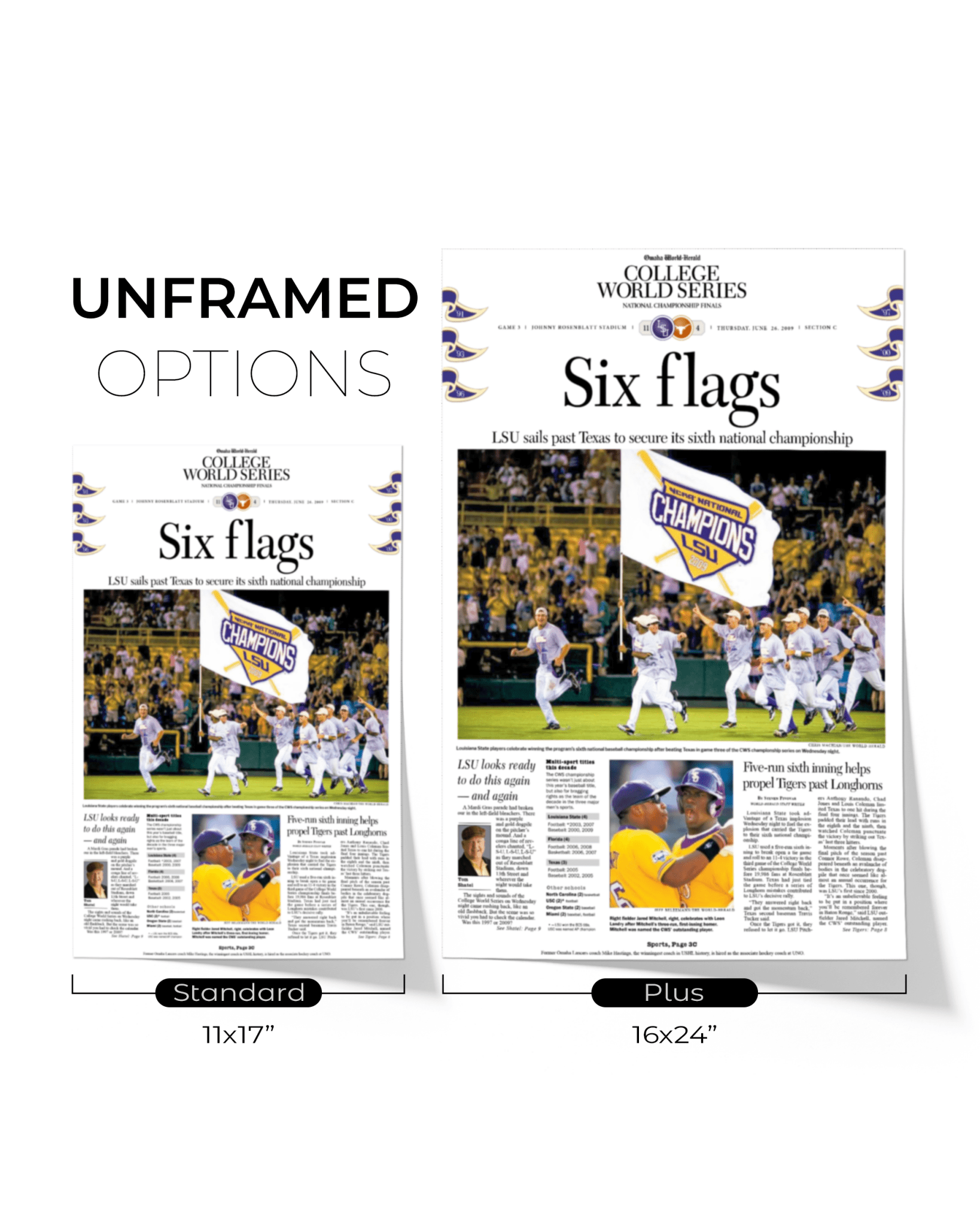 2009 LSU Tigers “Six Flags” College World Series Baseball Champions Front Page Newspaper - TitleGameFrames.com