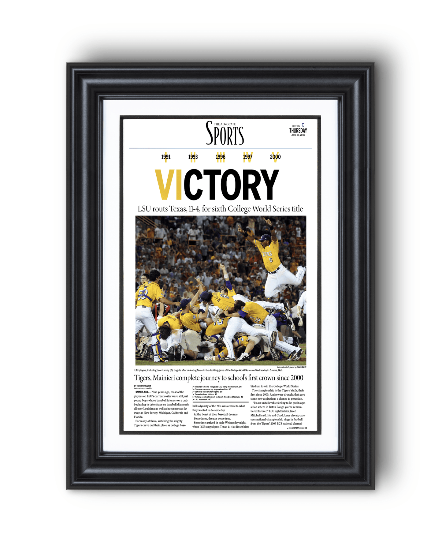 2009 LSU Tigers "VICTORY!" College World Series Champions Newspaper Print - TitleGameFrames.com
