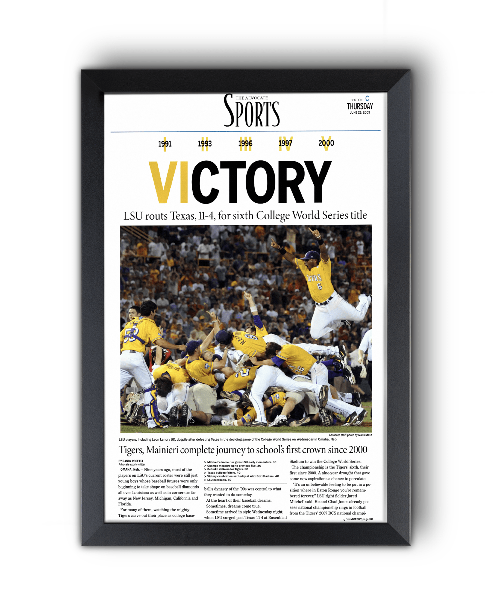 2009 LSU Tigers "VICTORY!" College World Series Champions Newspaper Print - TitleGameFrames.com