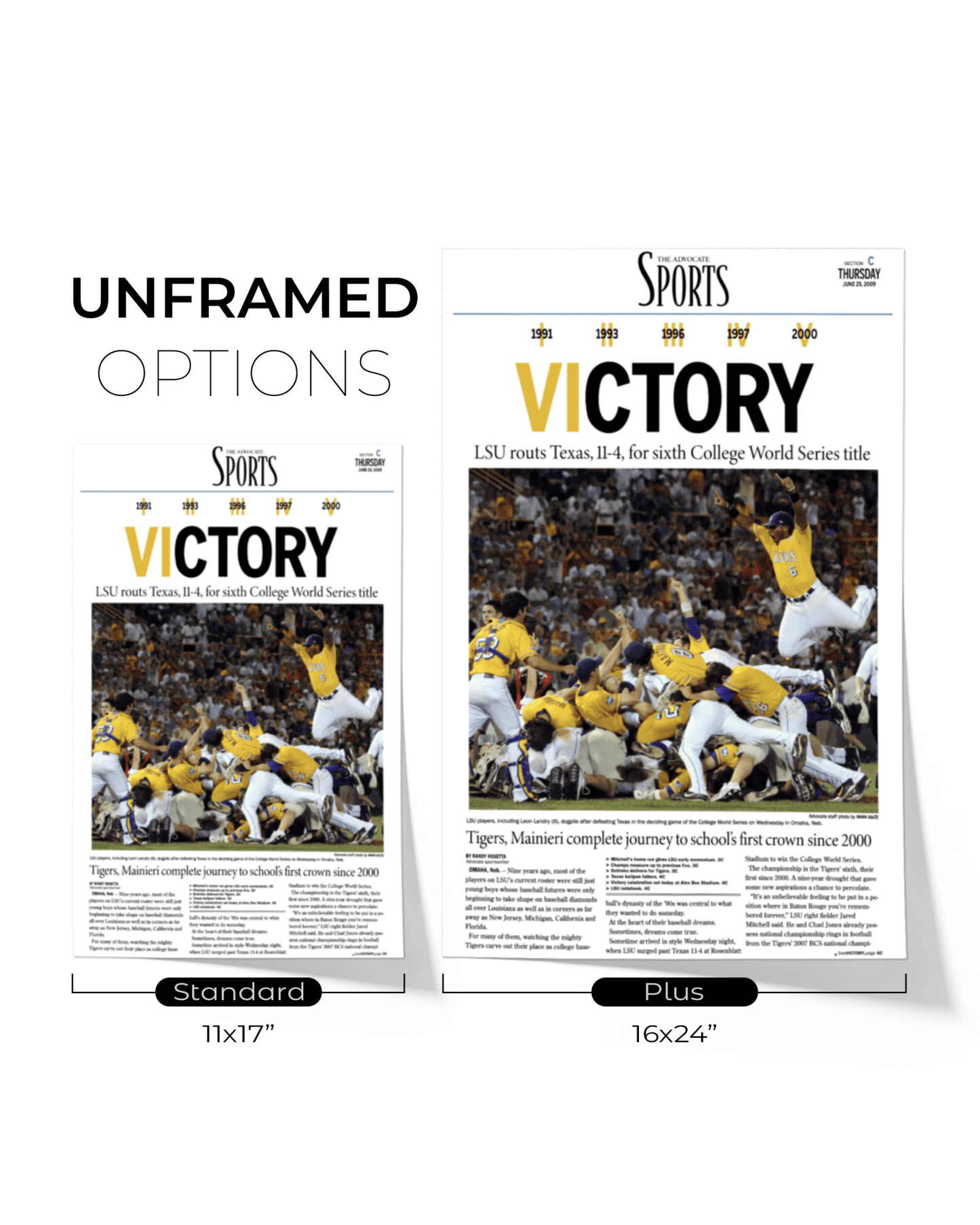 2009 LSU Tigers "VICTORY!" College World Series Champions Newspaper Print - TitleGameFrames.com