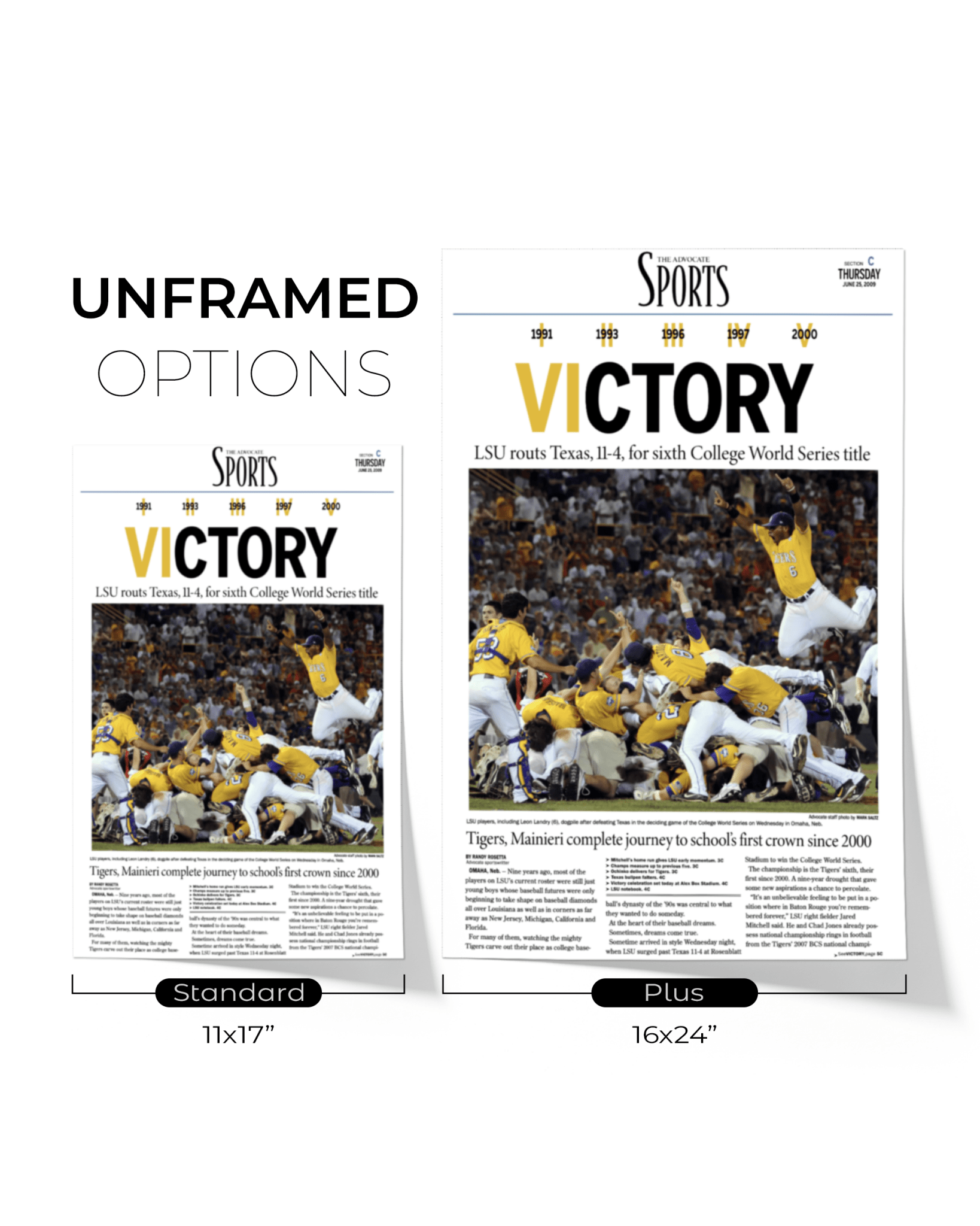 2009 LSU Tigers "VICTORY!" College World Series Champions Newspaper Print - TitleGameFrames.com
