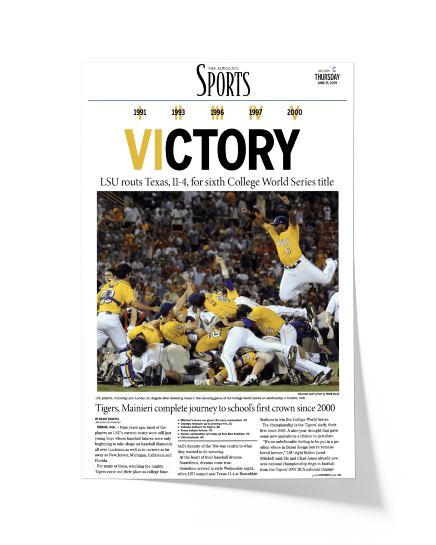 2009 LSU Tigers "VICTORY!" College World Series Champions Newspaper Print - TitleGameFrames.com