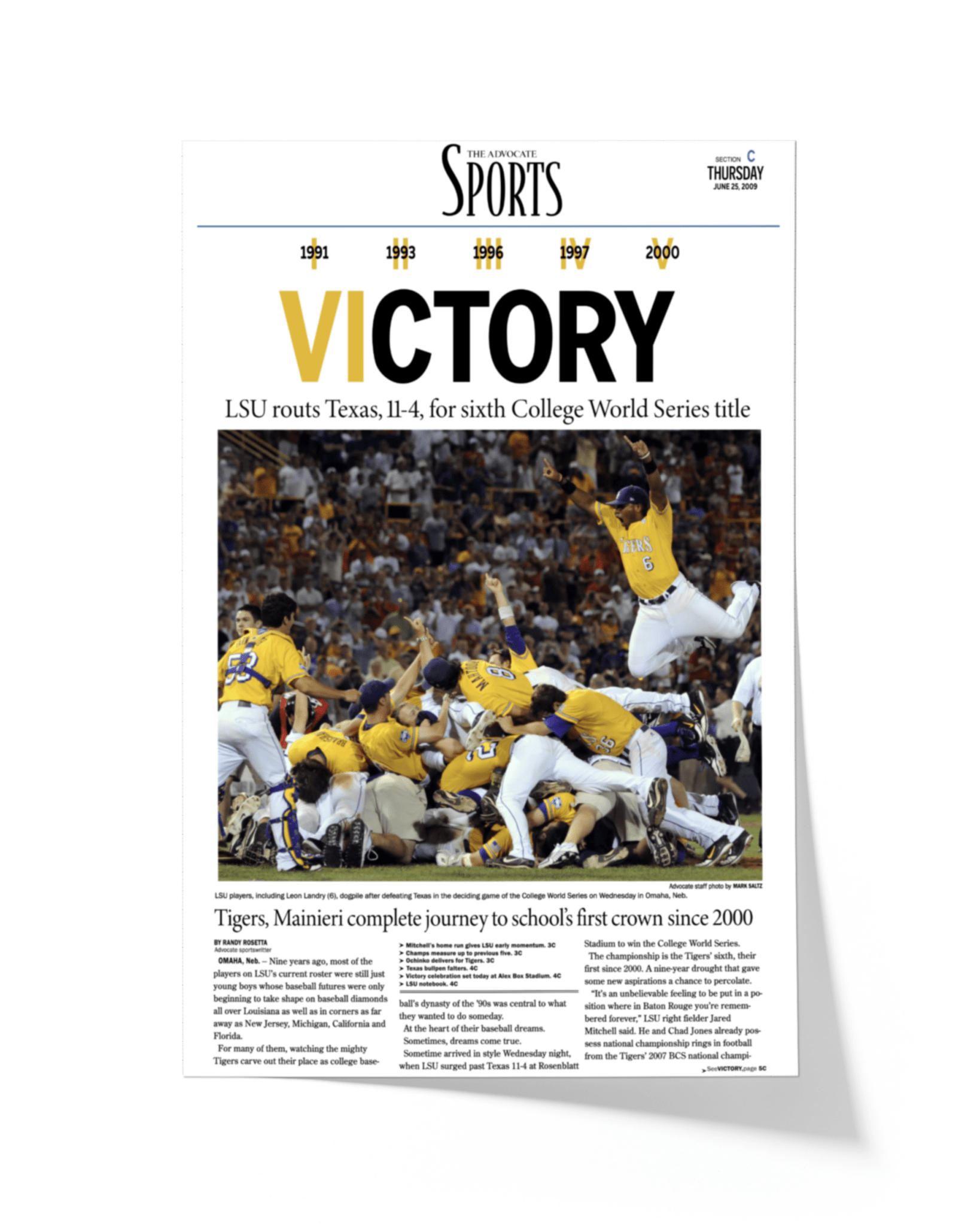 2009 LSU Tigers "VICTORY!" College World Series Champions Newspaper Print - TitleGameFrames.com