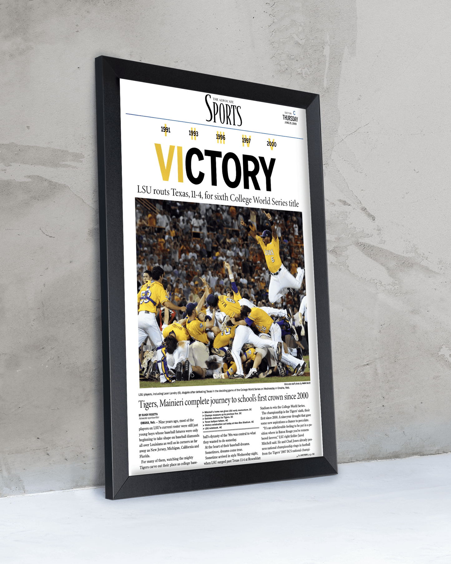 2009 LSU Tigers "VICTORY!" College World Series Champions Newspaper Print - TitleGameFrames.com