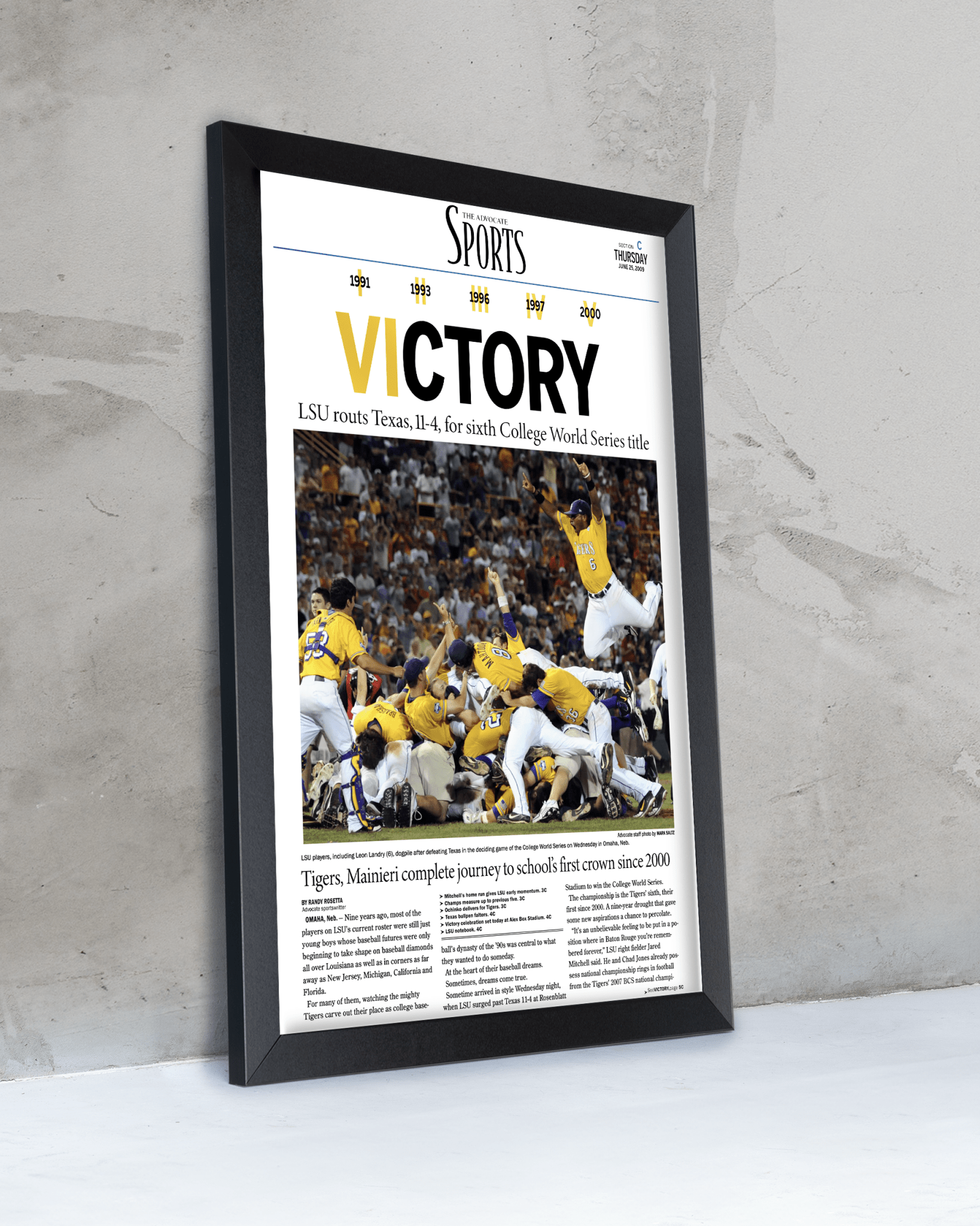 2009 LSU Tigers "VICTORY!" College World Series Champions Newspaper Print - TitleGameFrames.com
