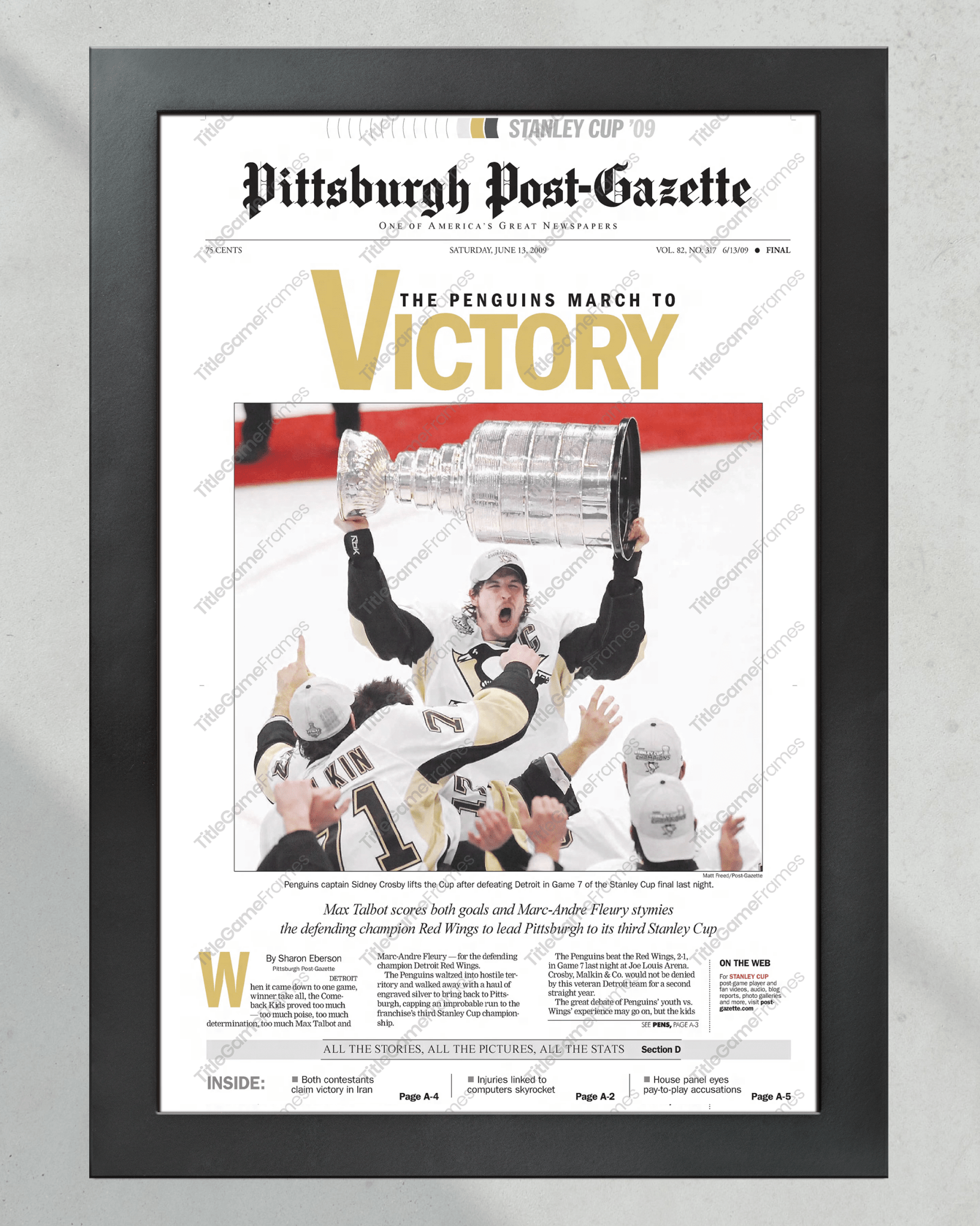 2009 Pittsburgh Penguins Stanley Cup Champion Framed Front Page Newspaper Print - TitleGameFrames.com
