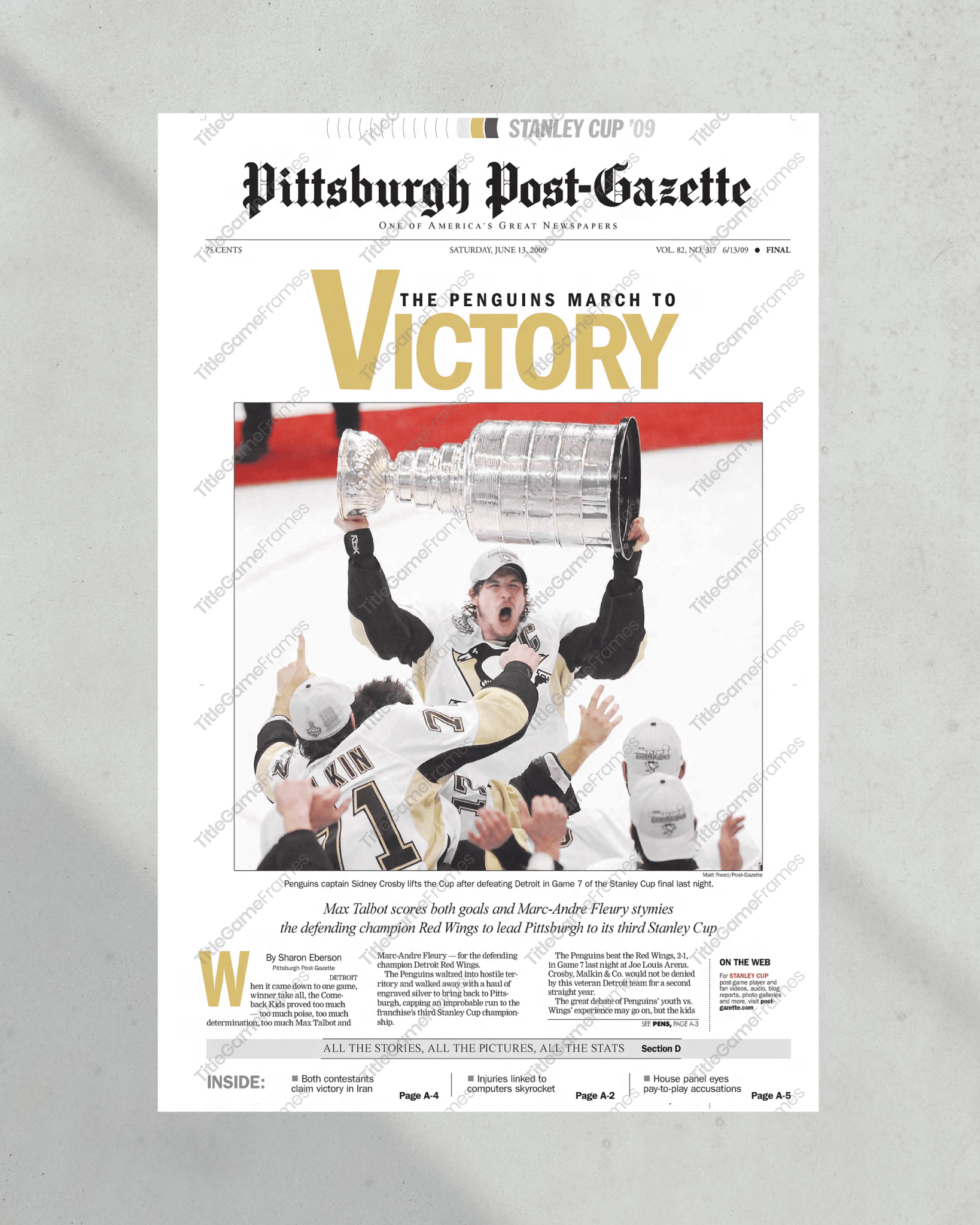 2009 Pittsburgh Penguins Stanley Cup Champion Framed Front Page Newspaper Print - TitleGameFrames.com