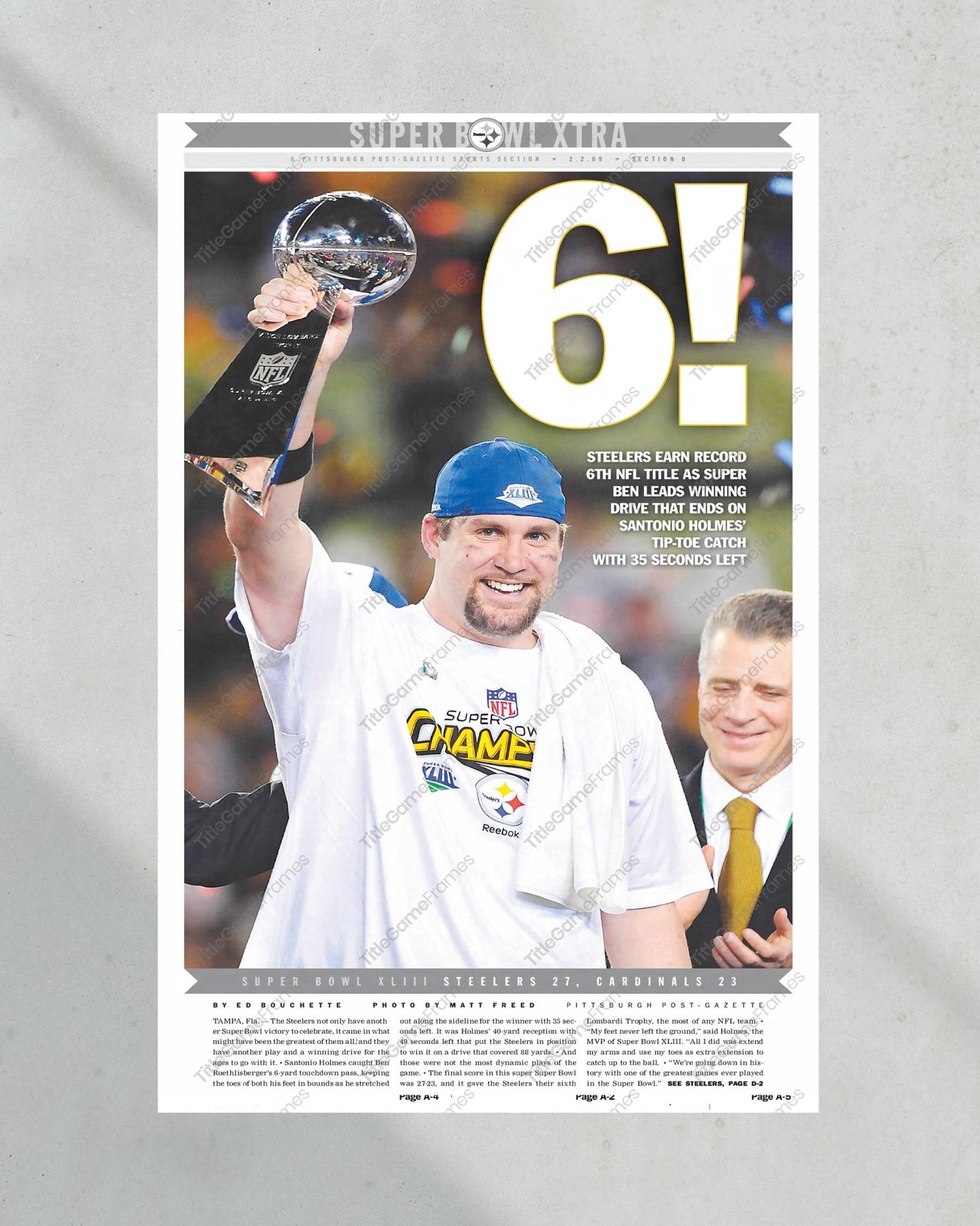 2009 Pittsburgh Steelers “6” Super Bowl Champions Framed Front Page Newspaper Print - TitleGameFrames.com