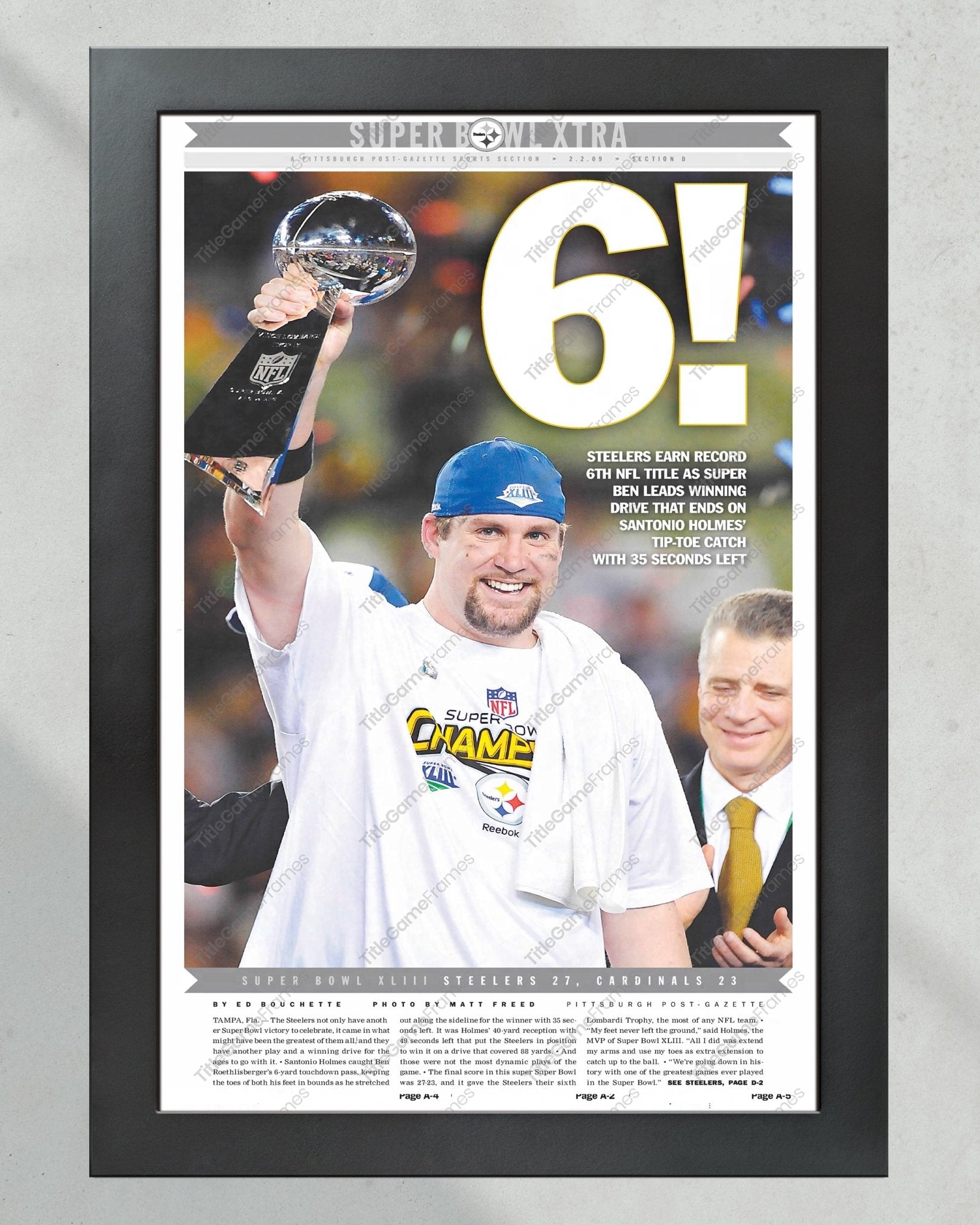 2009 Pittsburgh Steelers “6” Super Bowl Champions Framed Front Page Newspaper Print - TitleGameFrames.com