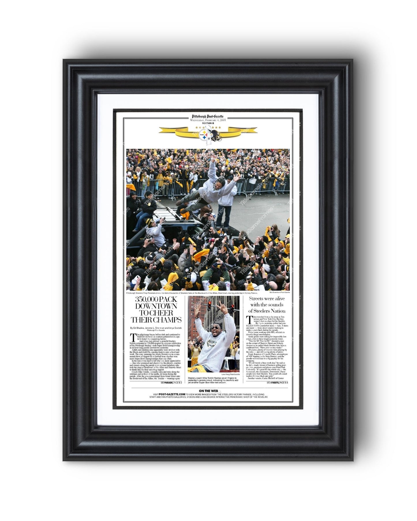 2009 Pittsburgh Steelers Parade Super Bowl Champions Framed Front Page Newspaper Print - Title Game Frames