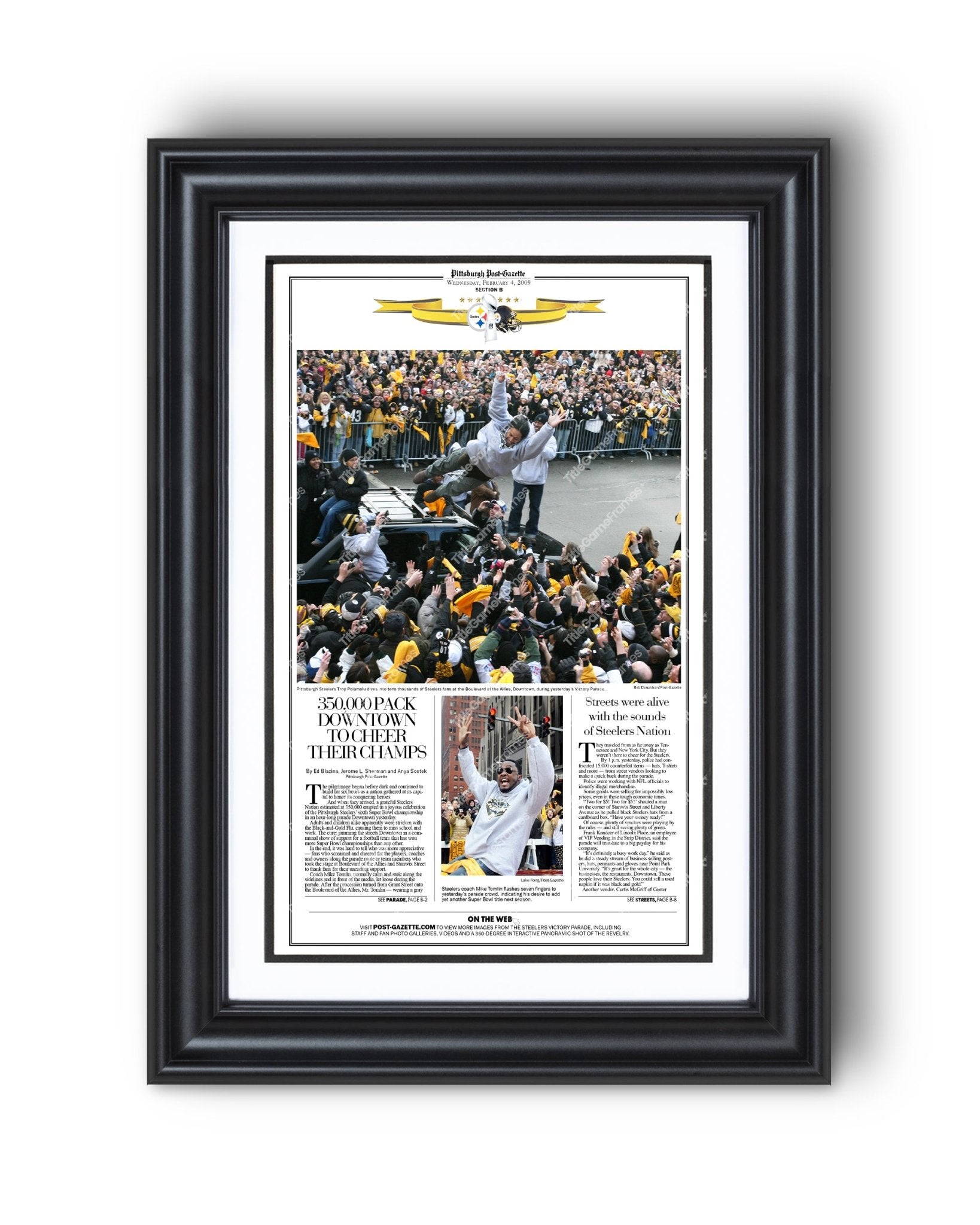 2009 Pittsburgh Steelers Parade Super Bowl Champions Framed Front Page Newspaper Print - Title Game Frames