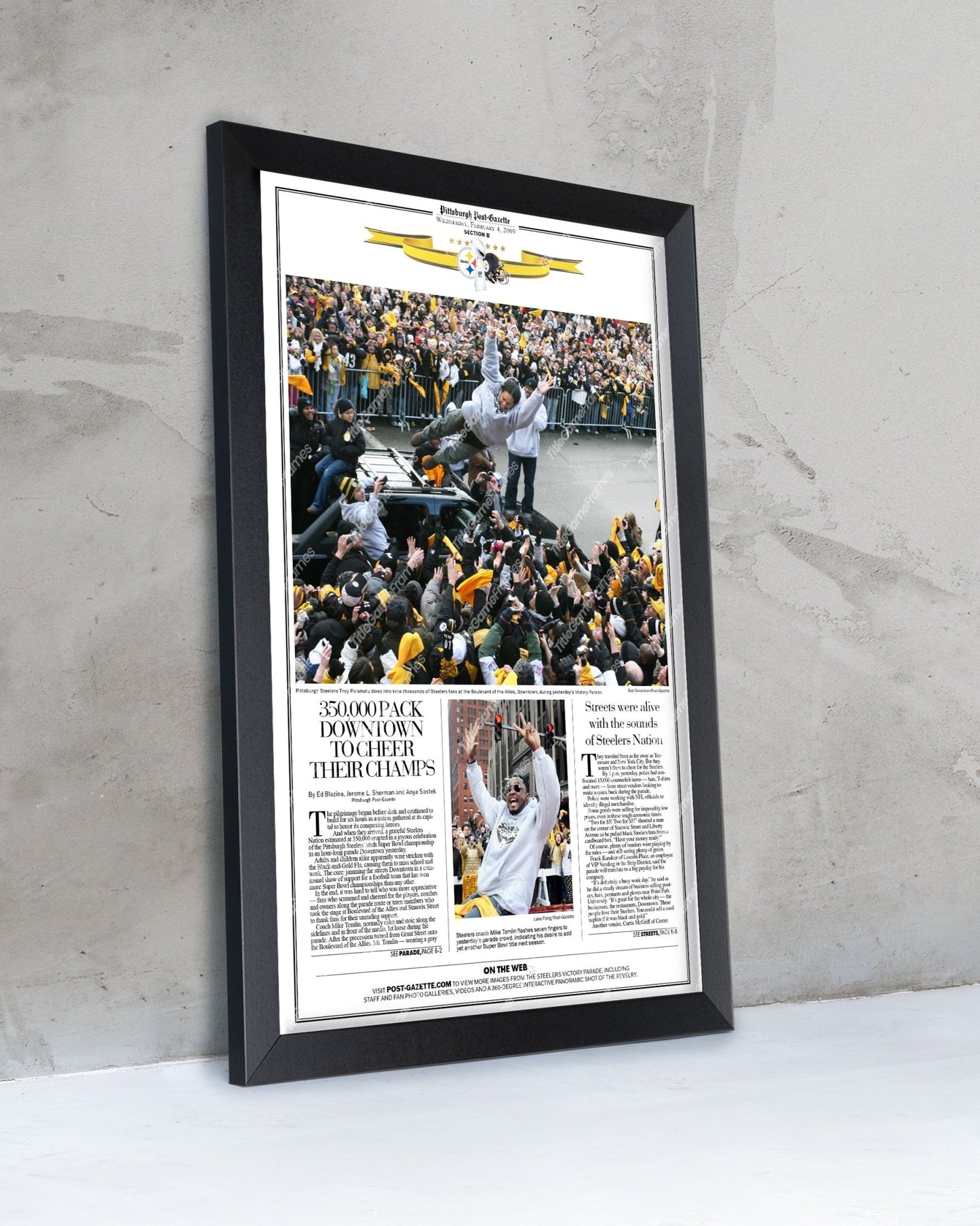 2009 Pittsburgh Steelers Parade Super Bowl Champions Framed Front Page Newspaper Print - Title Game Frames