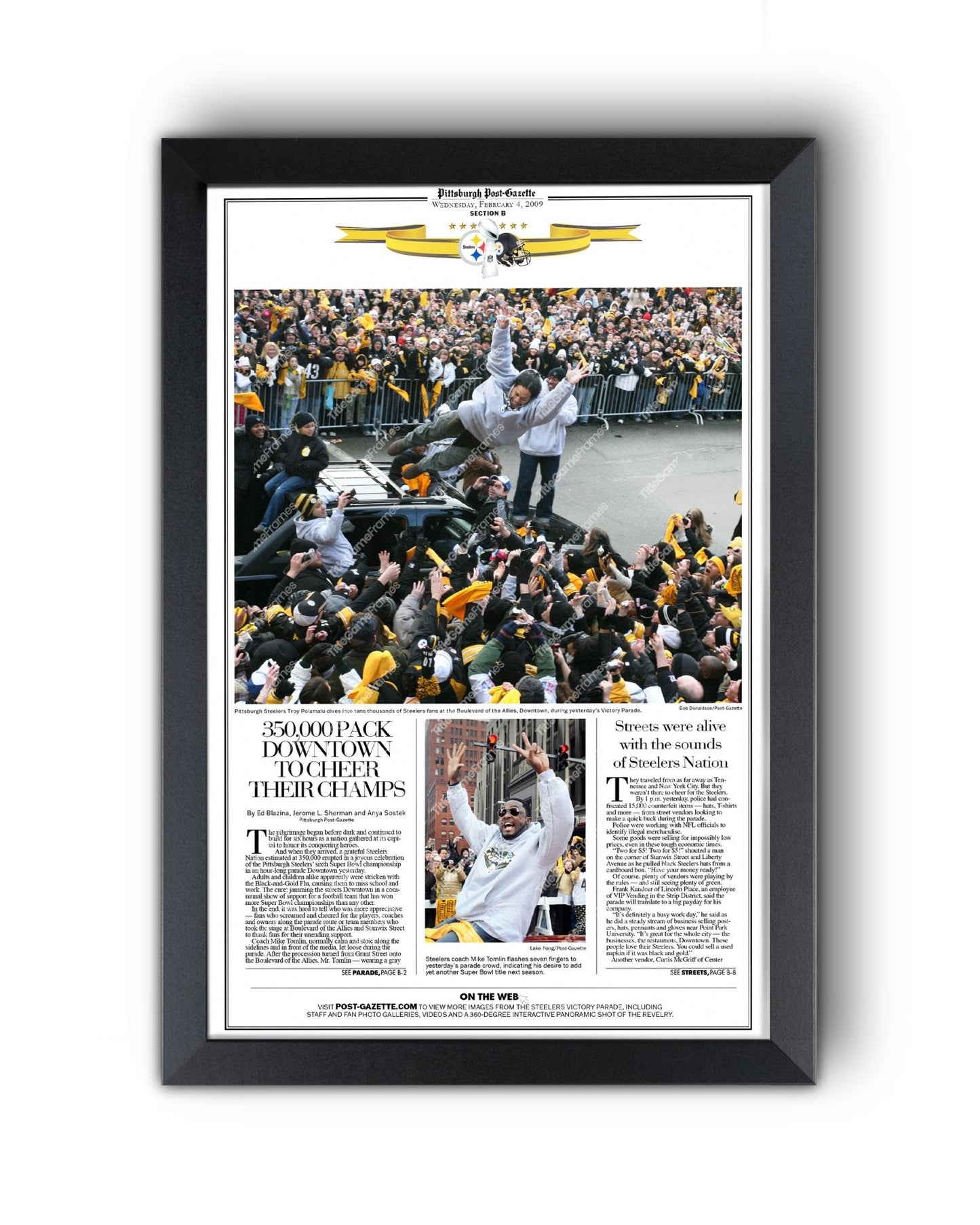 2009 Pittsburgh Steelers Parade Super Bowl Champions Framed Front Page Newspaper Print - Title Game Frames