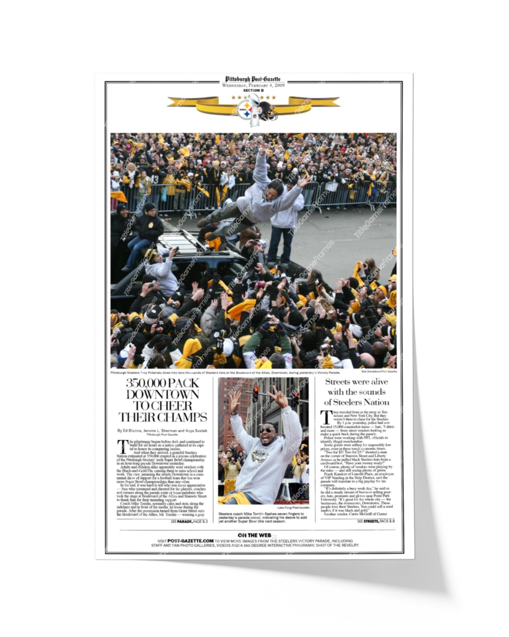 2009 Pittsburgh Steelers Parade Super Bowl Champions Framed Front Page Newspaper Print - Title Game Frames