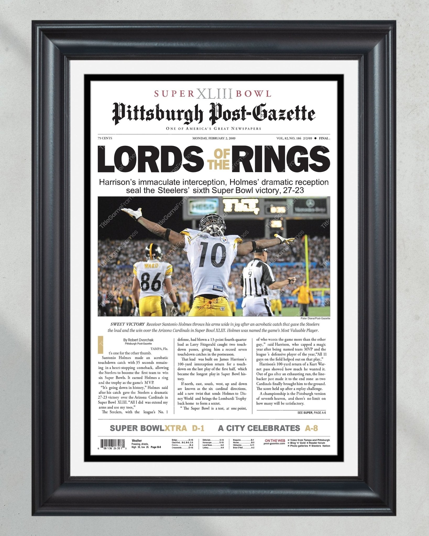 2009 Pittsburgh Steelers Superbowl XLIII Framed Front Page Newspaper Front Page Print - TitleGameFrames.com